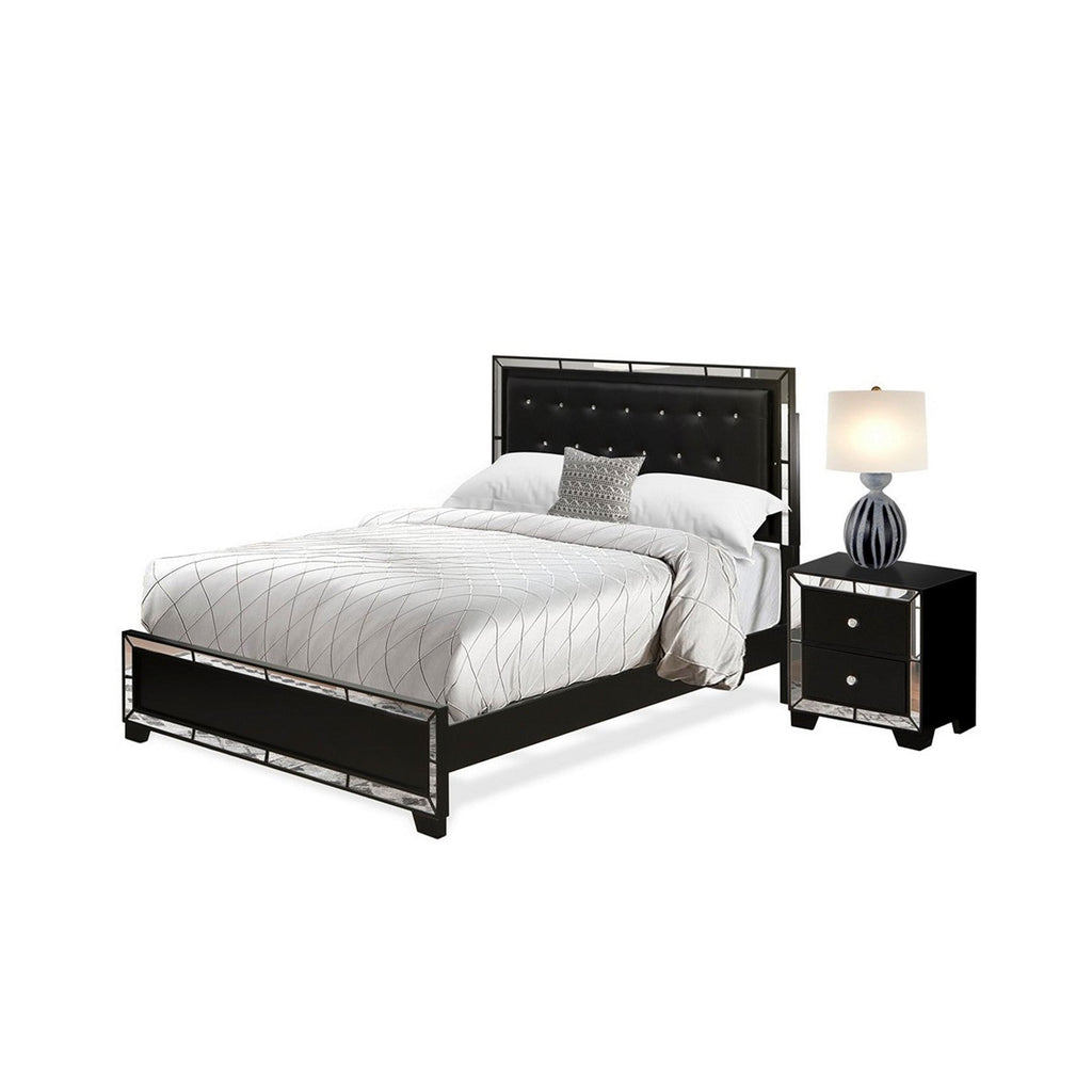 NE11-Q1N000 Juego de dormitorio Nella de 2 piezas de madera con cama tamaño queen con botones y mesita de noche pequeña - Cabecera de cuero negro y patas negras