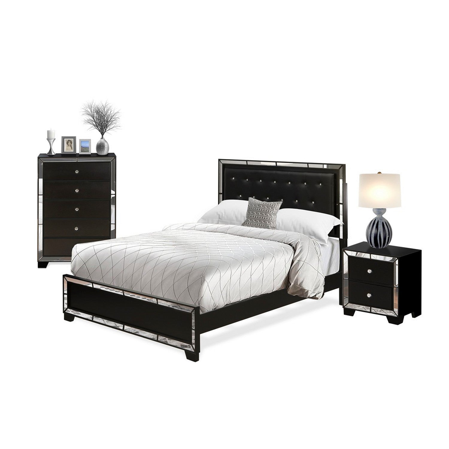 East West Furniture NE11-Q1N00C 3-PC Nella Bedroom Set with Button Tufted Queen Size Bed Frame, Chester Drawers and Night Stand for Bedroom - Black faux Leather Queen Headboard and Black Legs
