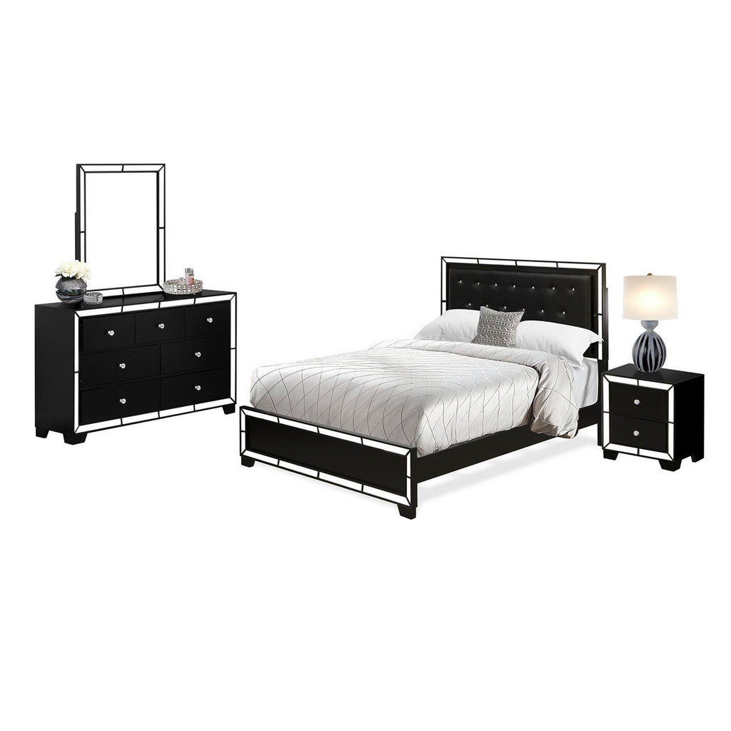 NE11-Q1NDM0 4-Pc Wooden Set for Bedroom with Button Tufted Queen Size Platform Bed, Dresser Wood, Make up Mirror and Mid Century Nightstand - Black Leather Headboard and Black legs