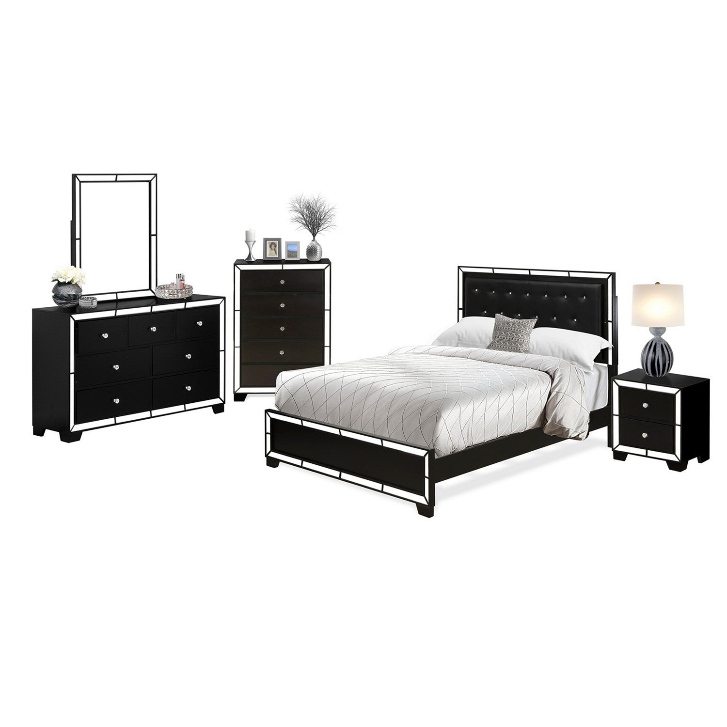 East West Furniture NE11-Q1NDMC 5-PC Nella Bedroom Set with Button Tufted Queen Size Wooden Bed Frame, Dresser Wood, Small Mirror, Chest and 1 Nightstand - Black faux Leather Queen Headboard and Legs