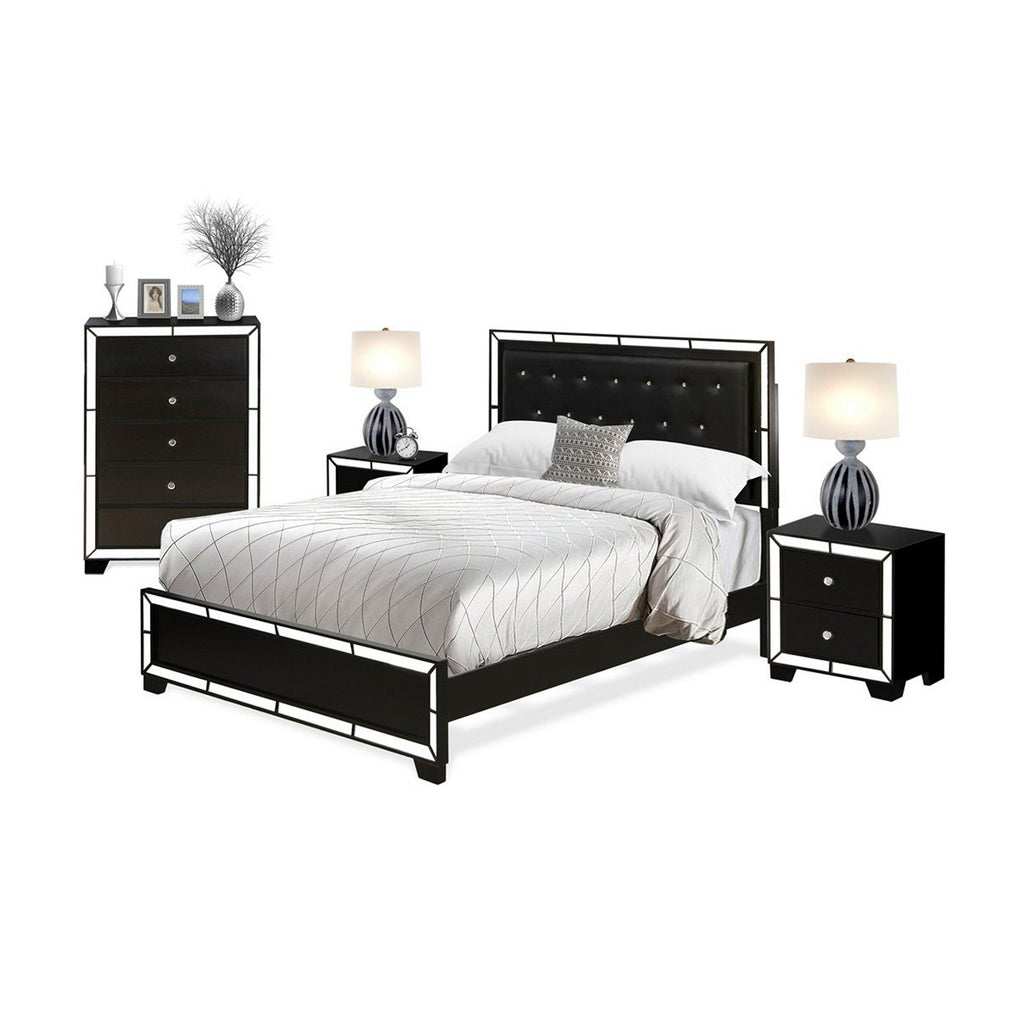 NE11-Q2N00C 4-PC Nella Queen Bedroom Set with Button Tufted Queen Frame, Small Chest of Drawers and 2 End Tables - Black Leather queen headboard and Legs