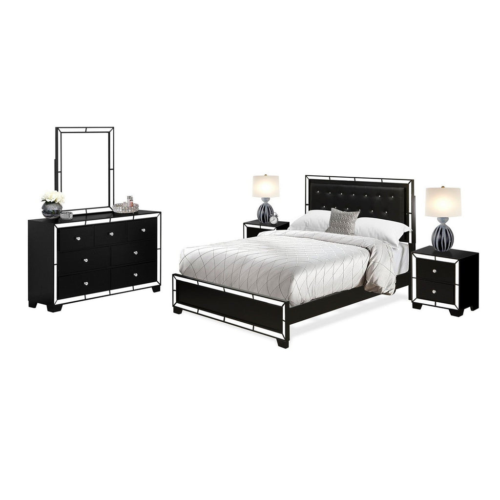 NE11-Q2NDM0 5-Pc Nella Queen Size Bedroom Set with Button Tufted Queen Bed, Dresser Drawer, Large Mirror and 2 Nightstands - Black Leather Upholstered Headboard and Black Legs