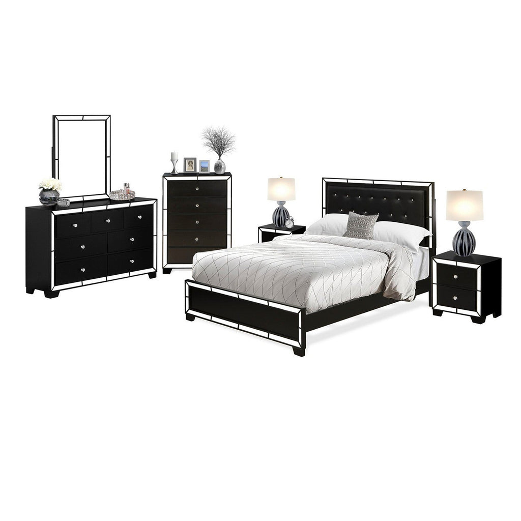 NE11-Q2NDMC 6-PC Nella Queen Bed Set with Button Tufted Queen Size Bed Frame, Dresser, Large Mirror, Small Chest of Drawers and 2 End Tables - Black Leather Headboard and Legs