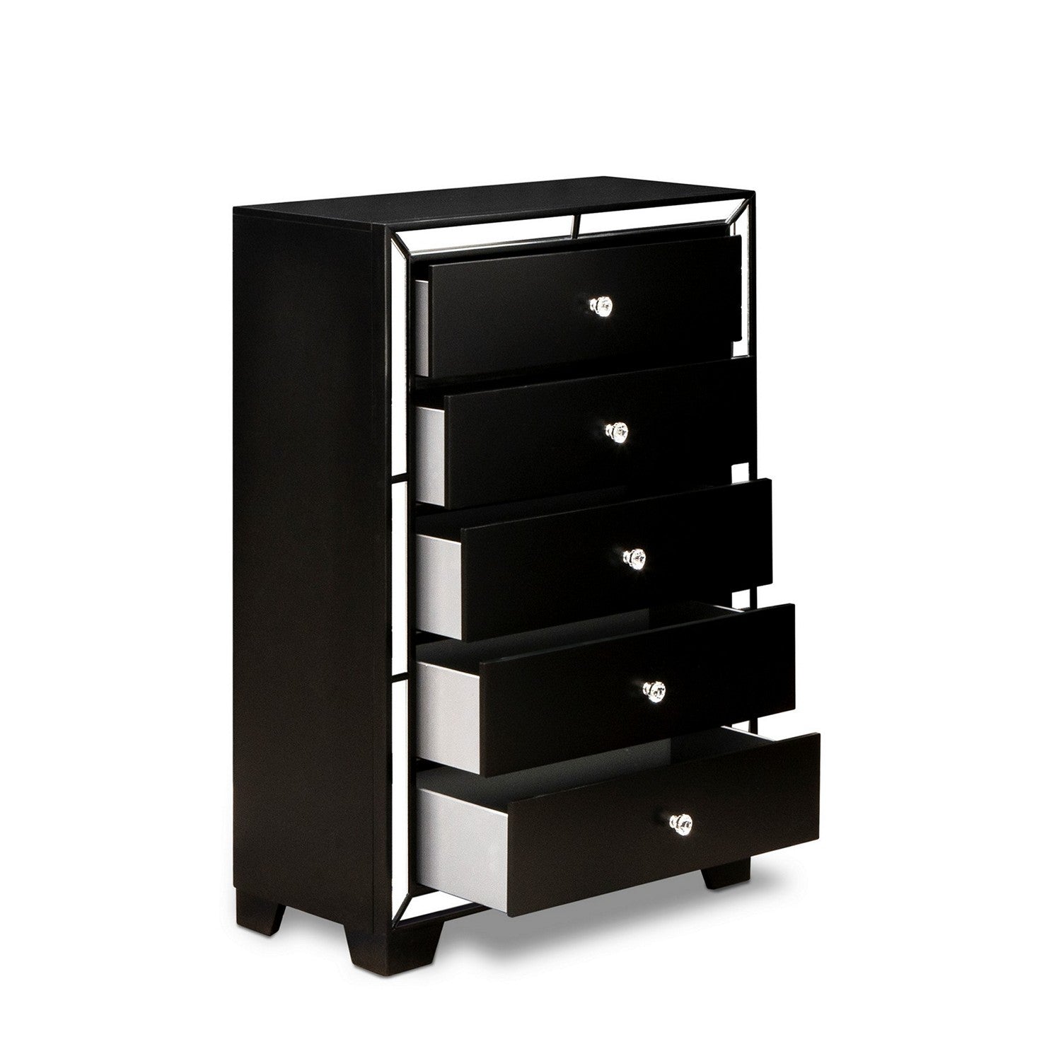 East West Furniture NE11-Q1N00C 3-PC Nella Bedroom Set with Button Tufted Queen Size Bed Frame, Chester Drawers and Night Stand for Bedroom - Black faux Leather Queen Headboard and Black Legs