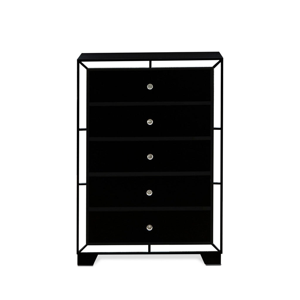 East West Furniture NE11-K1NDMC 5-PC Nella Bedroom Set with a Button Tufted King Bed, Drawer Dresser, Mirror Bedroom, Chest of Drawers and a Night Stand - Black Leather Head board and Black Legs