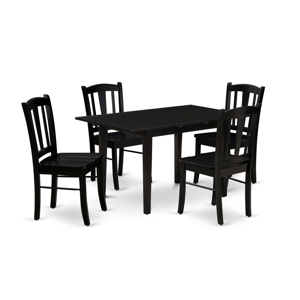 East West Furniture NFDL5-BLK-W 5 Piece Kitchen Table Set for 4 Includes a Rectangle Dining Table with Butterfly Leaf and 4 Dining Room Chairs, 32x54 Inch, Black