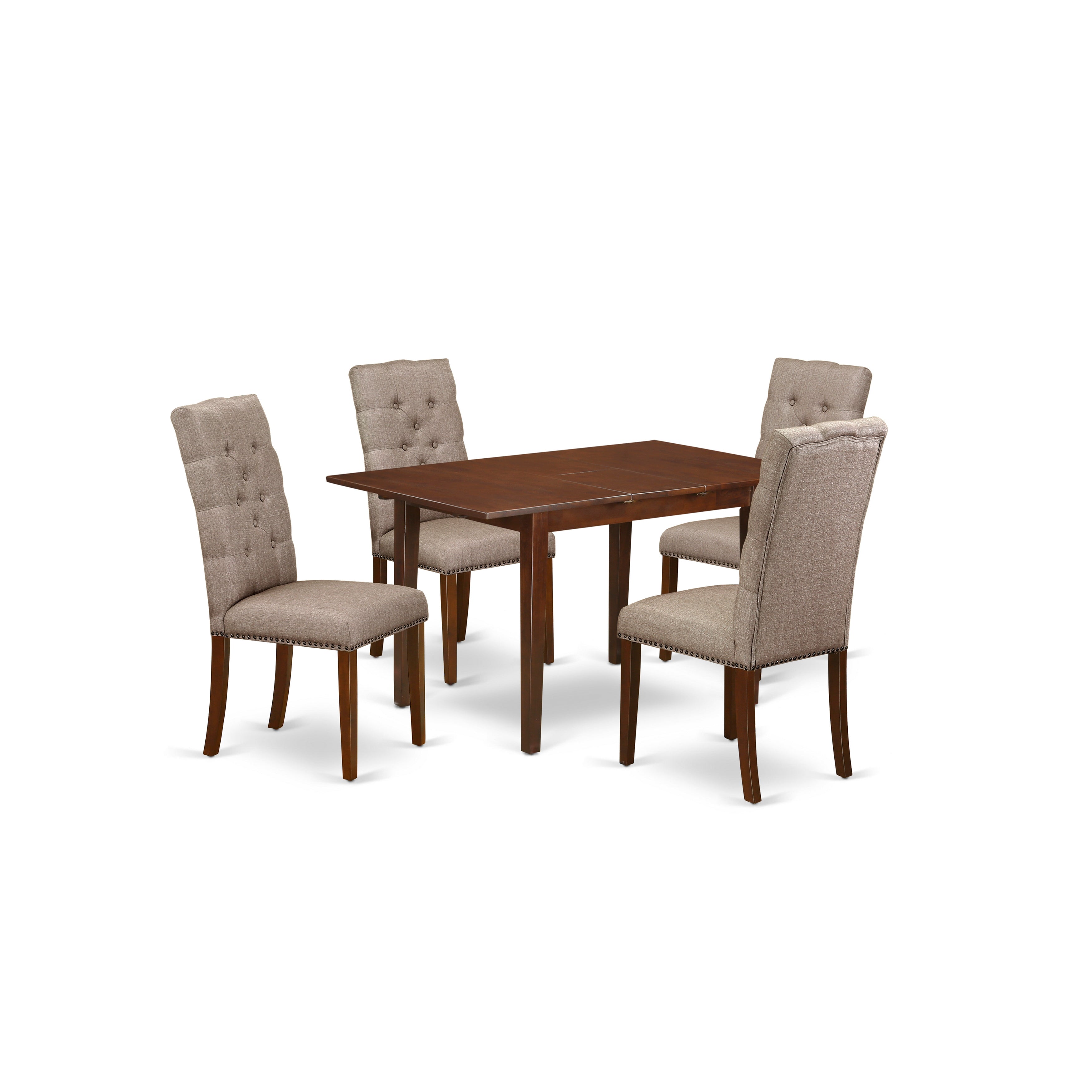 East West Furniture NFEL5-MAH-16 5-Pc dining room table set- 4 parson dining chairs and 2-drops leaf dinette table hardwood frame - High back & Mahogany Finish