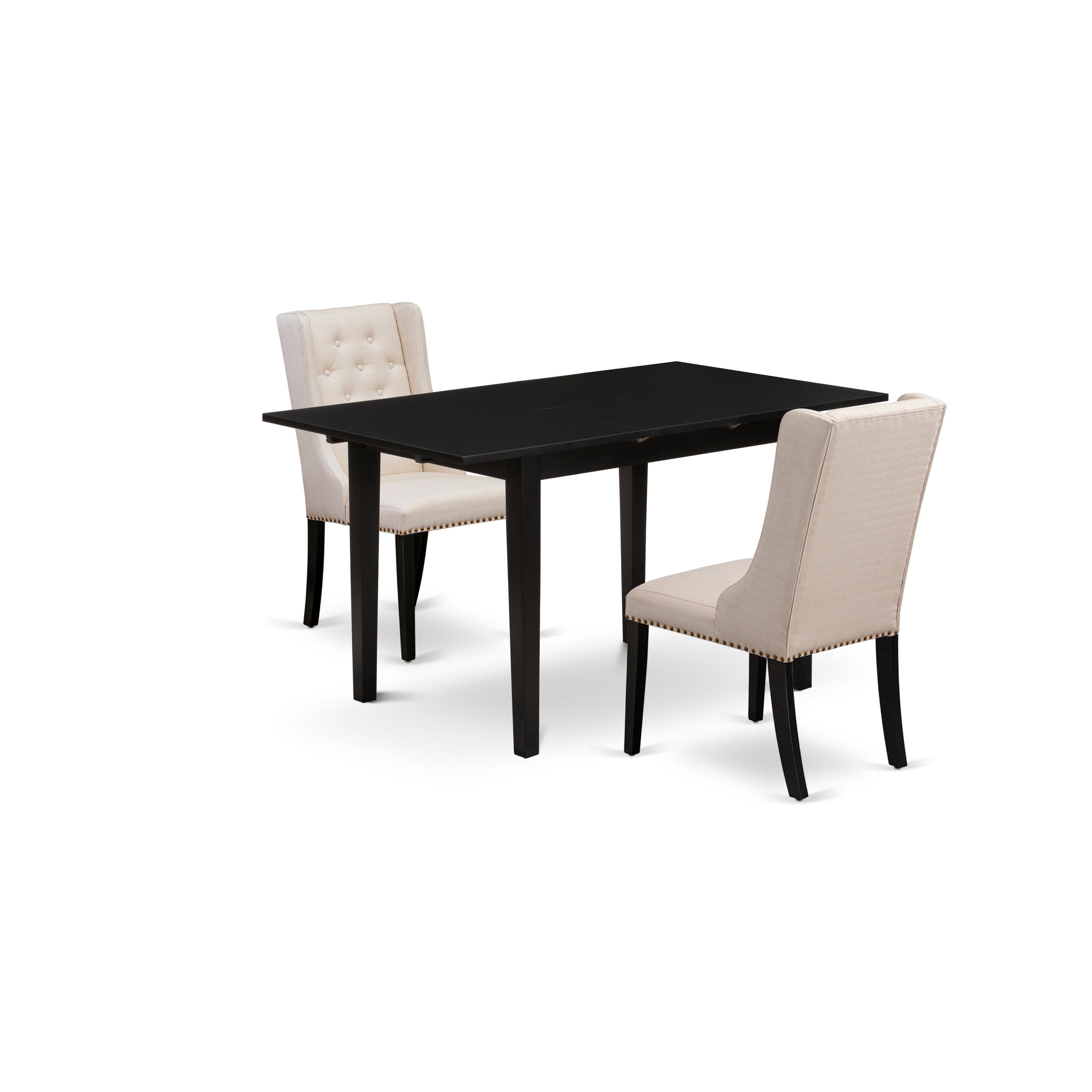 Juego de mesa de comedor de 3 piezas NFFO3-BLK-01 de East West Furniture. Incluye una mesa de cocina rectangular con diseño de hojas de mariposa y dos sillas de comedor Parson de tela de lino color crema.