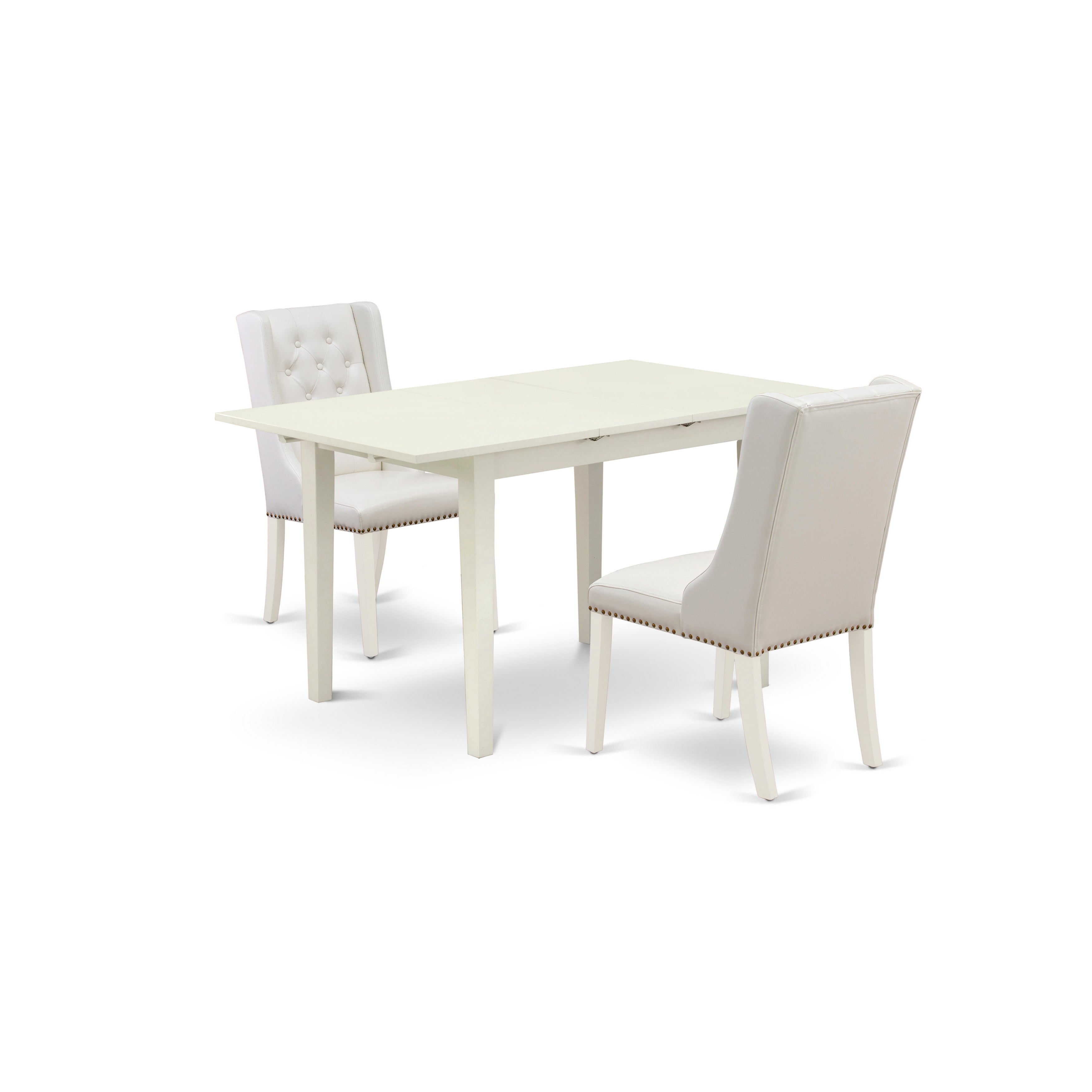 East West Furniture NFFO3-LWH-44 3-Pc Kitchen Table Set Includes 1 Removable leaf Rectangular Dining Table and 2 Linen white PU faux Leather Padded Parson Chair with Button Tufted Back - linen white Finish