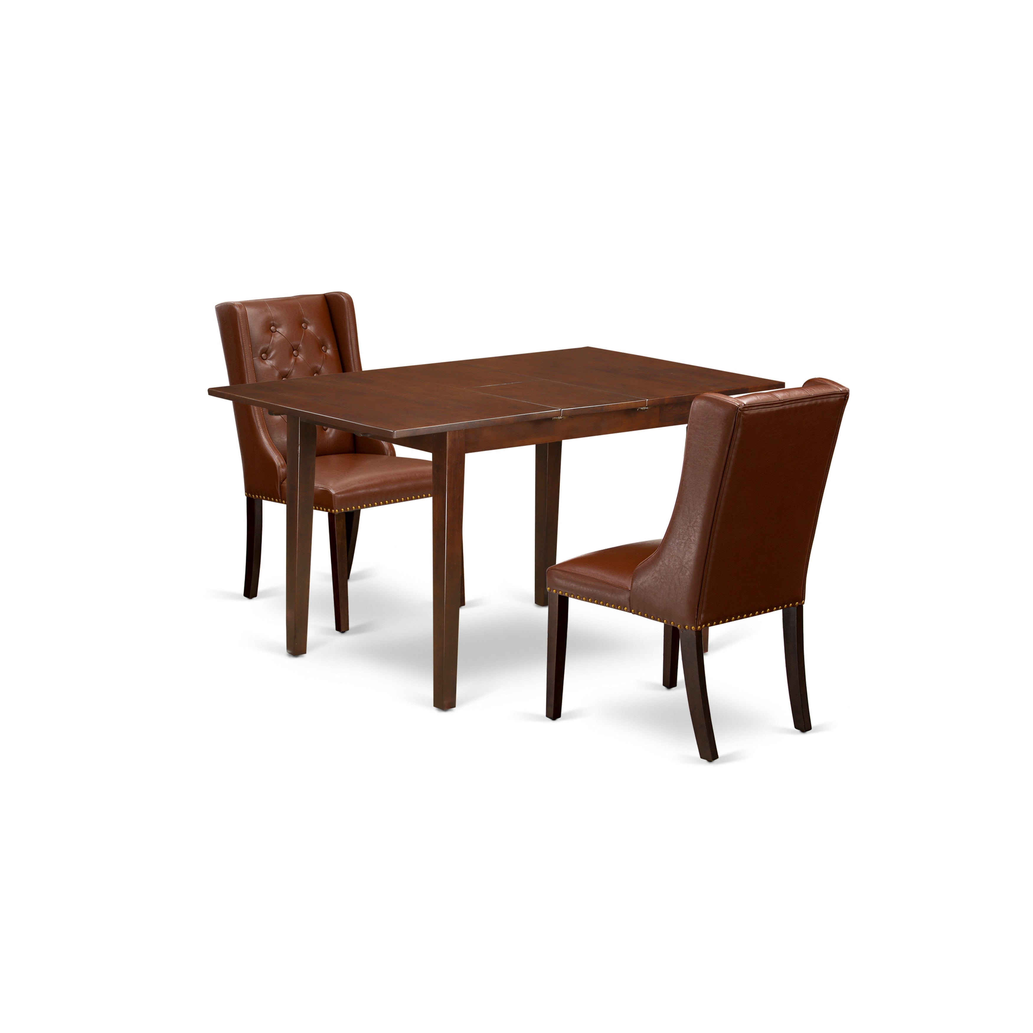 East West Furniture NFFO3-MAH-46 3-Pc Dining Room Set Includes 1 Removable leaf Dining Table and 2 Brown faux Leather Dining Chairs with Button Tufted Back - Mahogany Finish