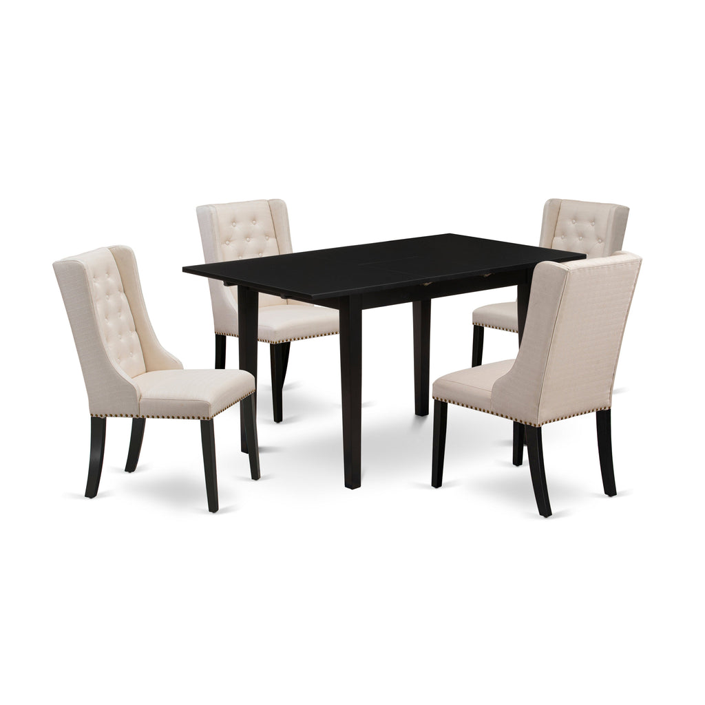 Juego de comedor de 5 piezas NFFO5-BLK-01 de East West Furniture. Incluye una mesa de comedor rectangular con diseño de hojas de mariposa y 4 sillas tapizadas en tela de lino color crema.