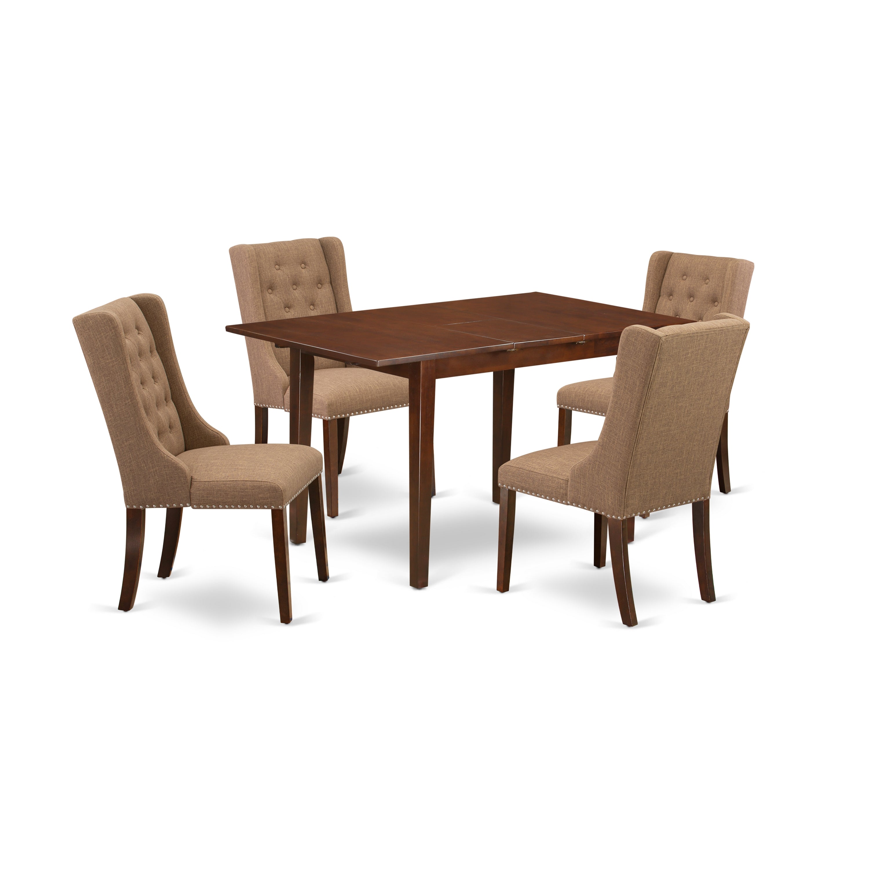 East West Furniture NFFO5-MAH-47 5-Piece Dining Room Table Set Includes 1 Removable leaf Dining Table and 4 Light Sable Linen Fabric Parson Chairs with Button Tufted Back - Mahogany Finish