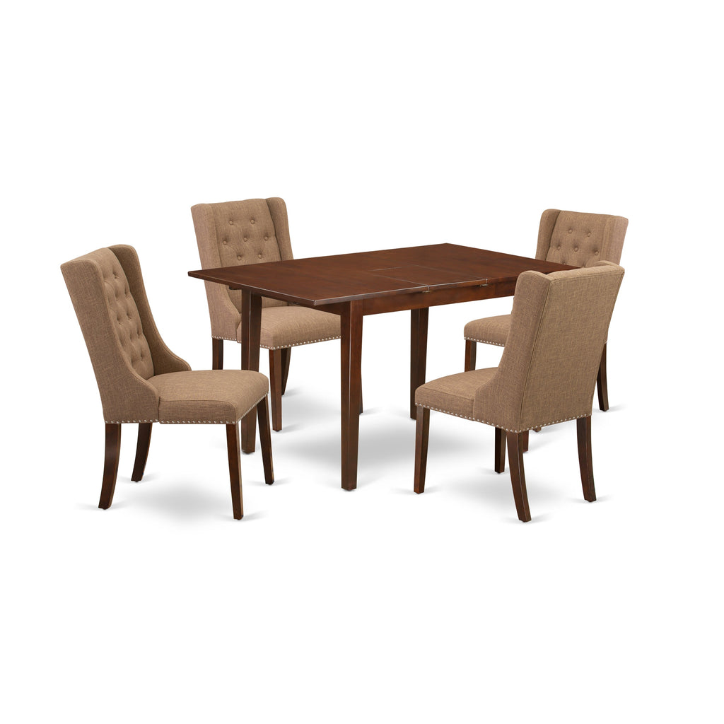 East West Furniture NFFO5-MAH-47 5 Piece Dining Table Set for 4 Includes a Rectangle Kitchen Table with Butterfly Leaf and 4 Light Sable Linen Fabric Parson Chairs