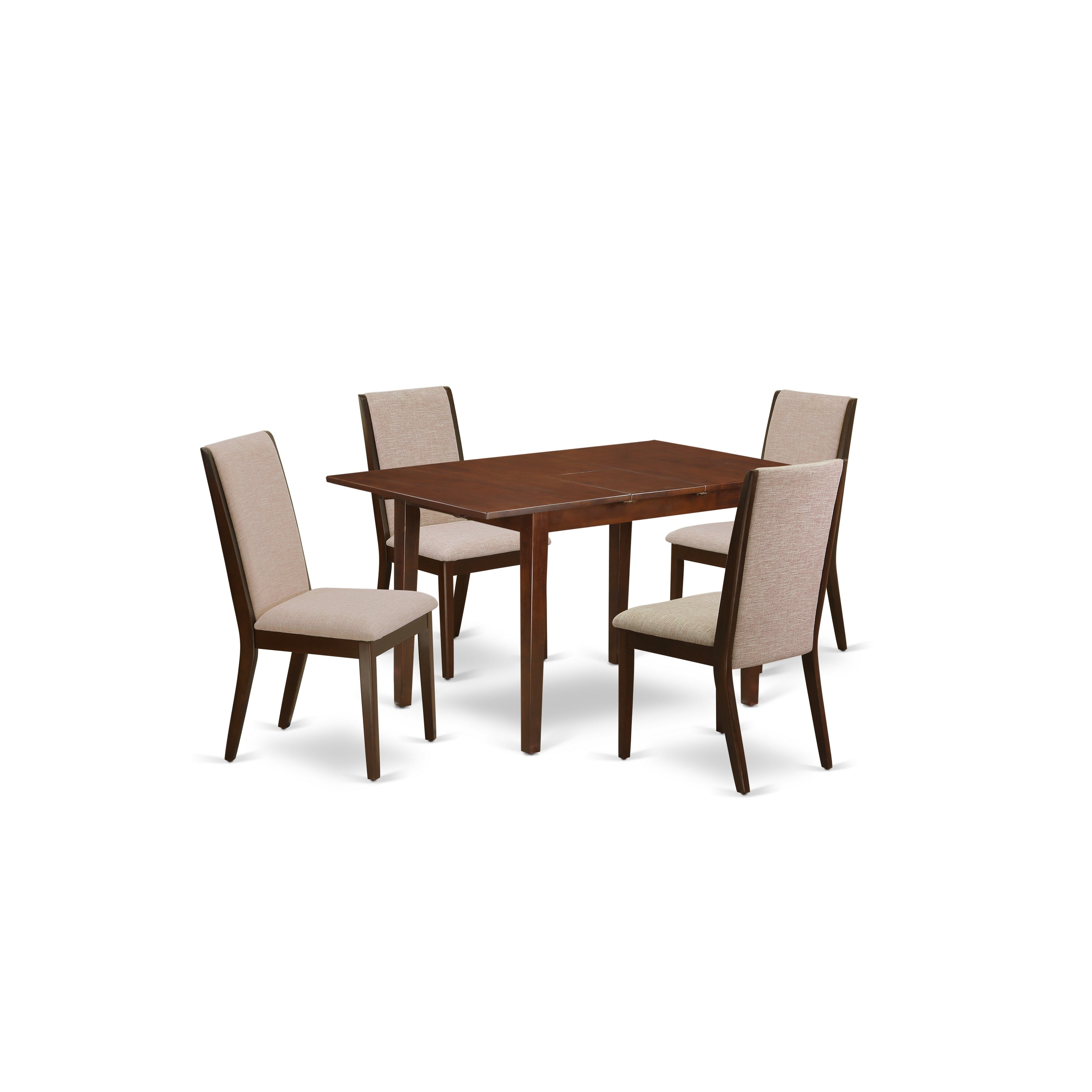 Juego de comedor de 5 piezas NFLA5-MAH-04 de East West Furniture. Incluye una mesa de comedor rectangular con diseño de hojas de mariposa y 4 sillas tapizadas en tela de lino color tostado claro.