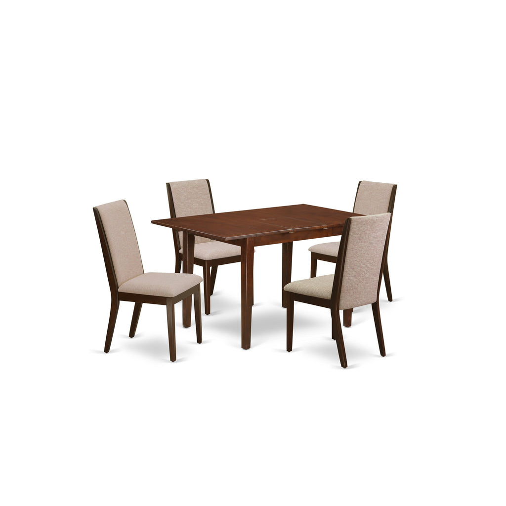 East West Furniture NFLA5-MAH-04 5 Piece Dining Set Includes a Rectangle Dining Room Table with Butterfly Leaf and 4 Light Tan Linen Fabric Upholstered Chairs