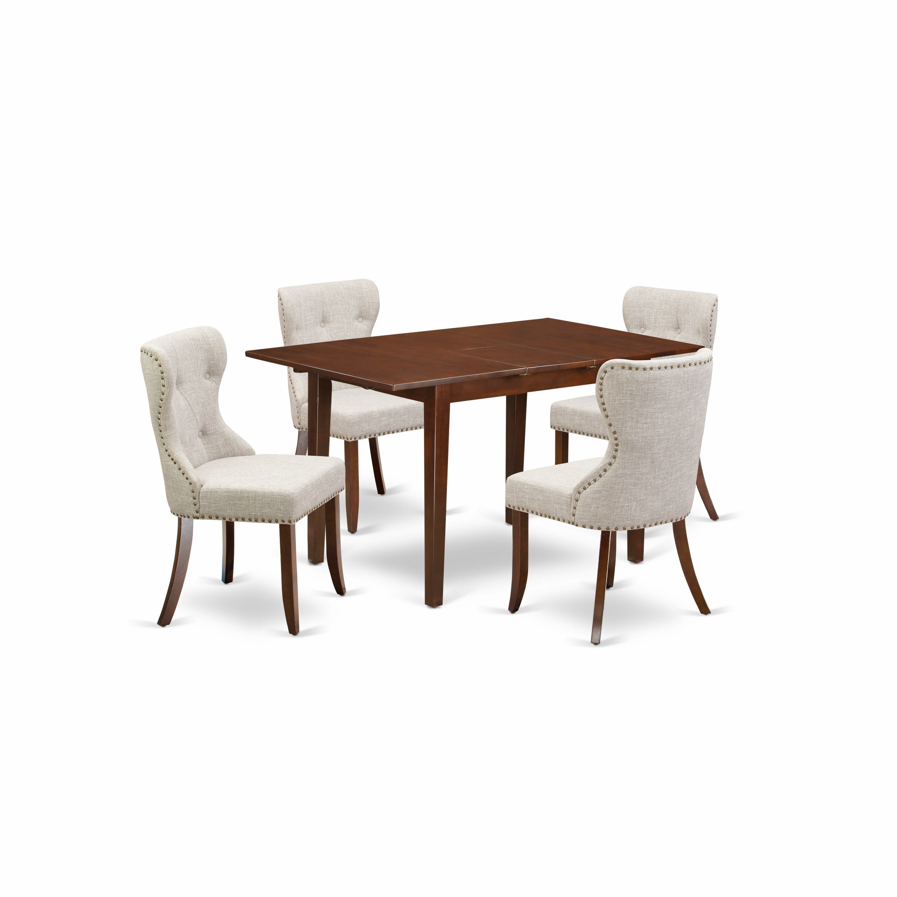 East-West Furniture NFSI5-MAH-35 - A dining table set of 4 fantastic parson dining chairs with Linen Fabric Doeskin color and an attractive 12" butterfly leaf rectangle wooden dining table with Mahogany Finish