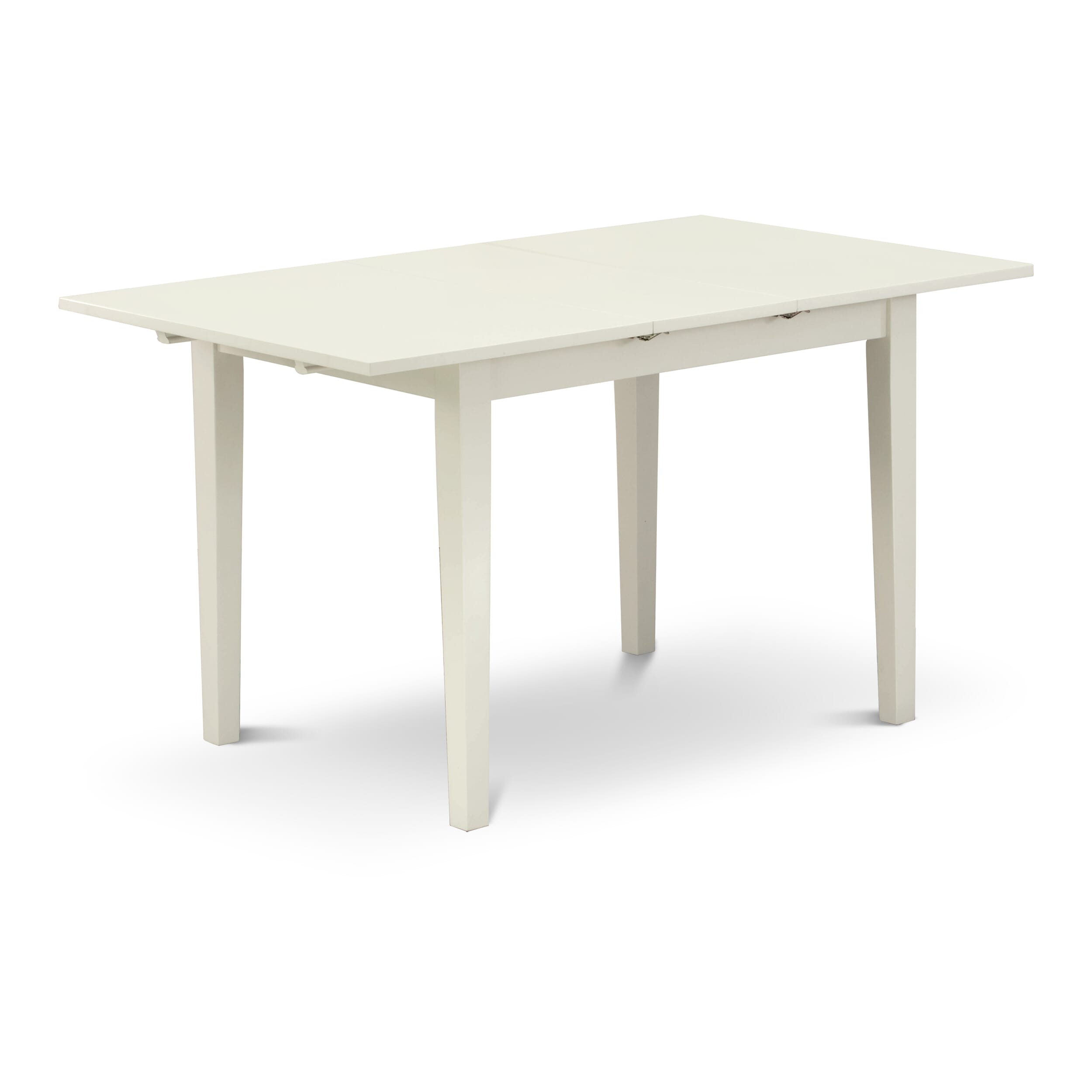 East West Furniture NOLG3-LWH-W 3-Pc kitchen dining table set 2 kitchen chairs with Slatted Back and a Butterfly Leaf Wooden Seat and mid century dining table with Rectangular Top and 4 Legs- Linen White Finish