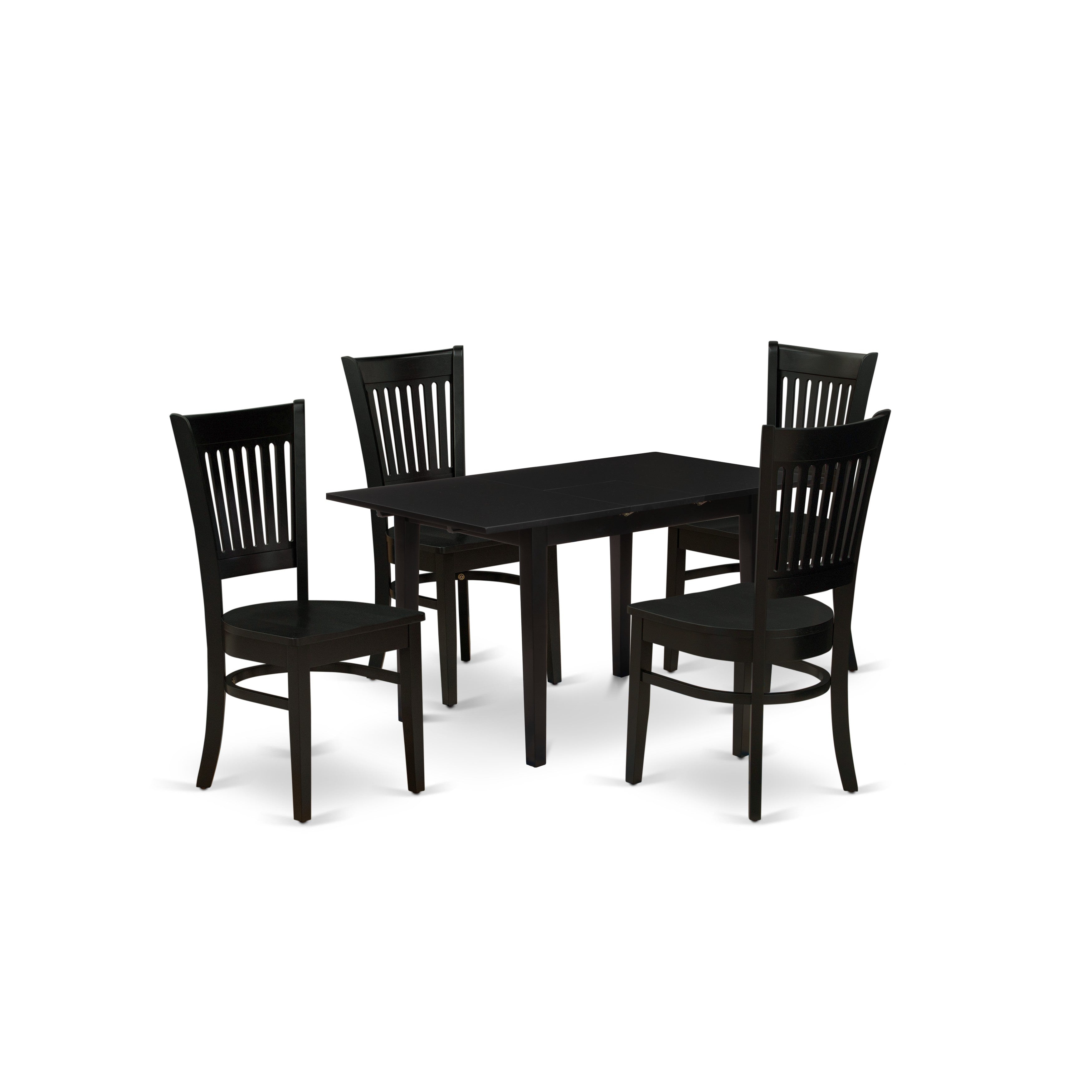 East West Furniture NFVA5-BLK-W 5-Piece dinette set 4 wood dining chairs with Slatted Back and wooden seat and Butterfly Leaf dining room table with Rectangular Top and 4 Legs- Black Finish