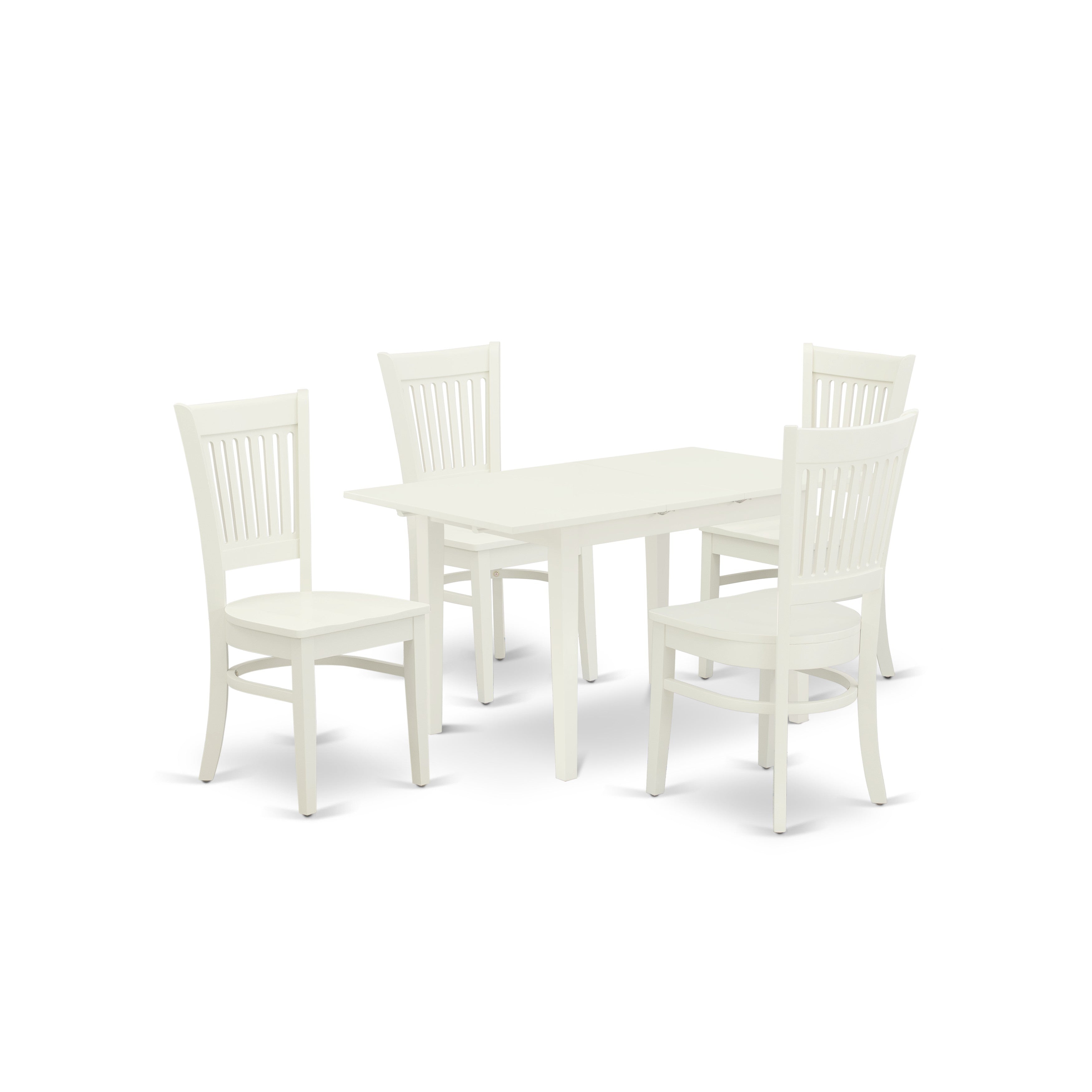 East West Furniture NFVA5-LWH-W 5-Piece Rectangular Dining Table Set4 Kitchen Chairs with Slatted Back and wooden seat and Butterfly Leaf Wood Dining Room Table with Rectangular Top and 4 Legs- Linen White Finish