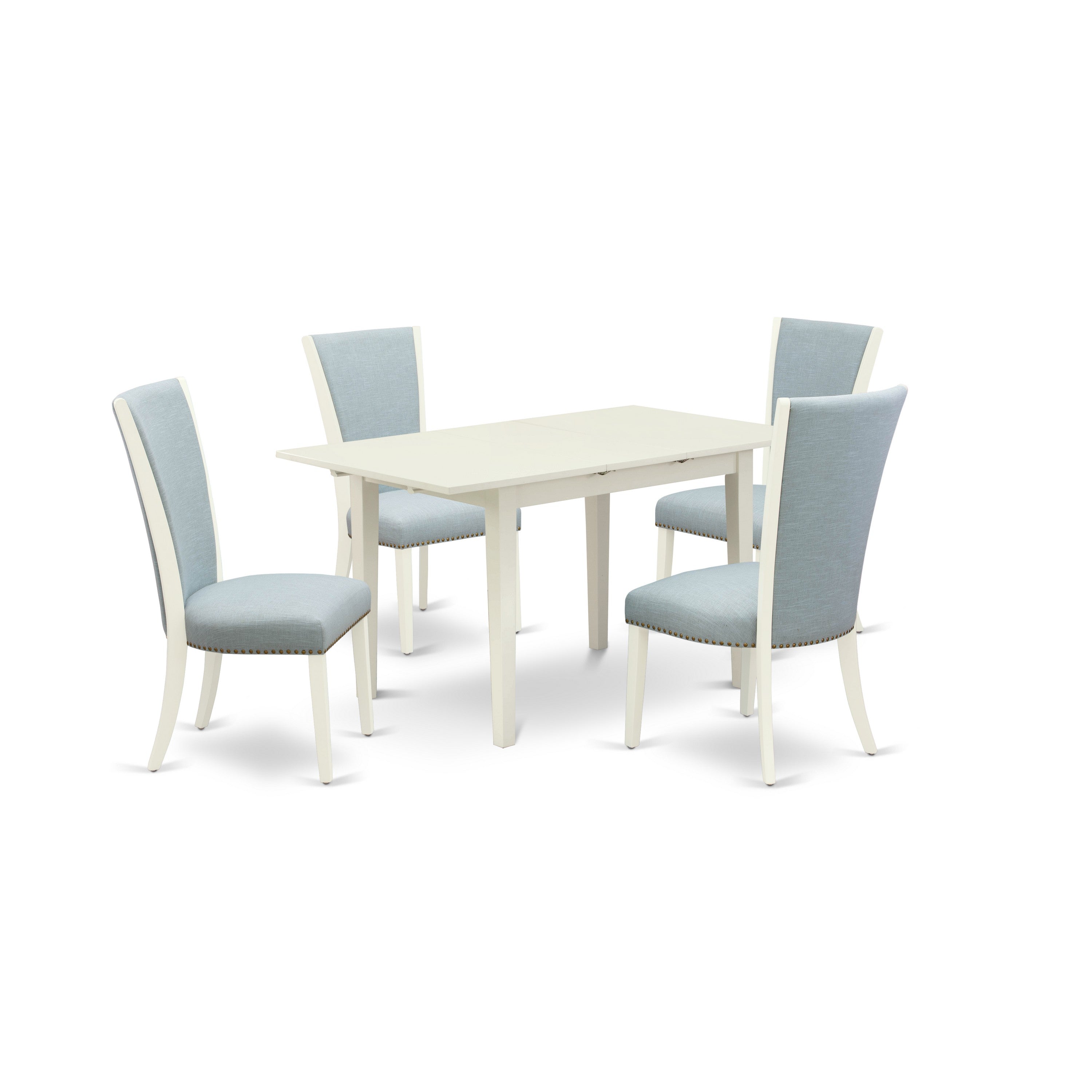 EAST WEST FURNITURE - NFVE5-LWH-15 - 5 Pc Kitchen Table Set - 4 Baby Blue Linen Fabric Dining Chairs with High Back and 1 Modern Dining Table - linen white Finish