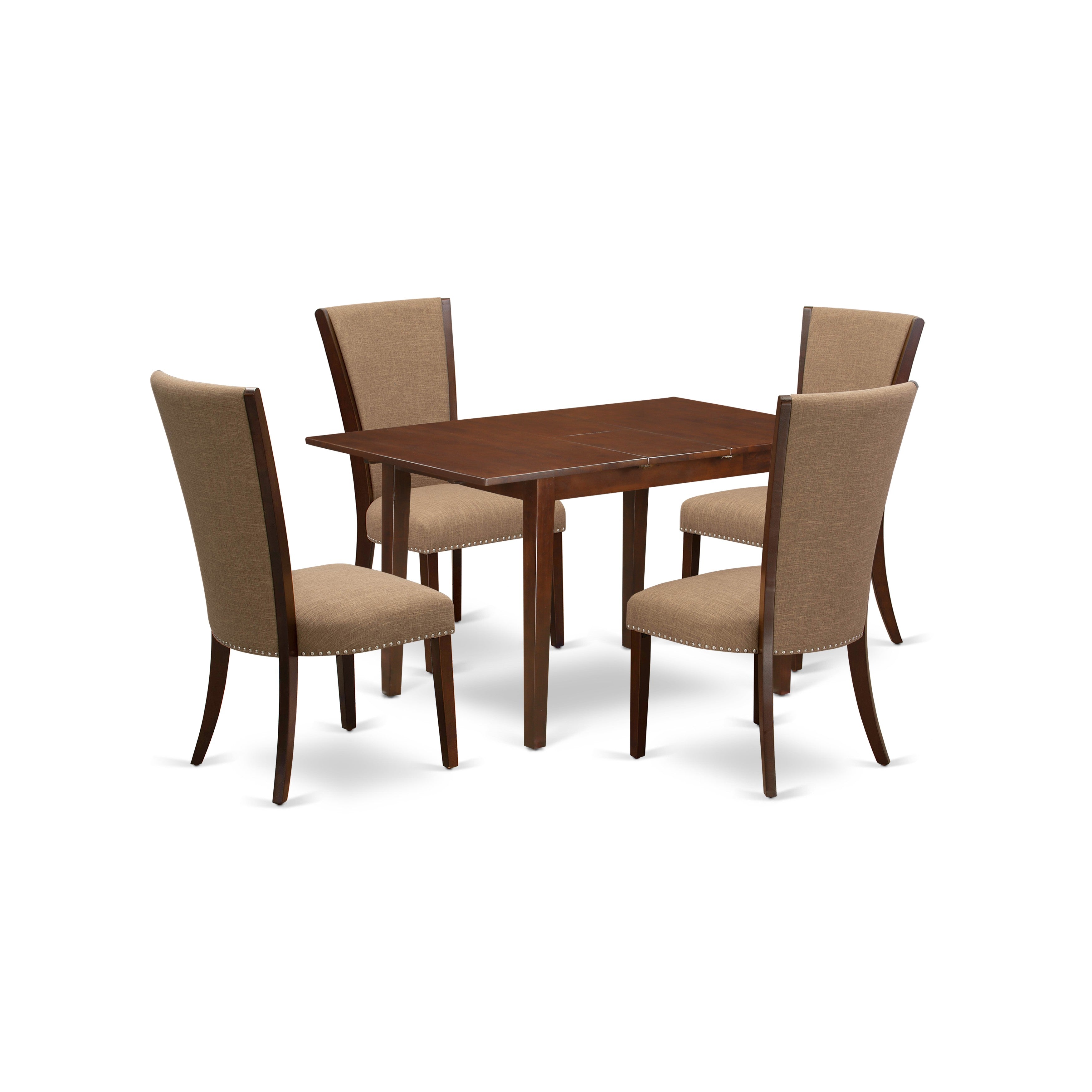 EAST WEST FURNITURE - NFVE5-MAH-47 - 5 Pc Dining Room Table Set - 4 Light Sable Linen Fabric Dining Chairs with High Back and 1 Removable leaf Rectangular Dining Table - Mahogany Finish