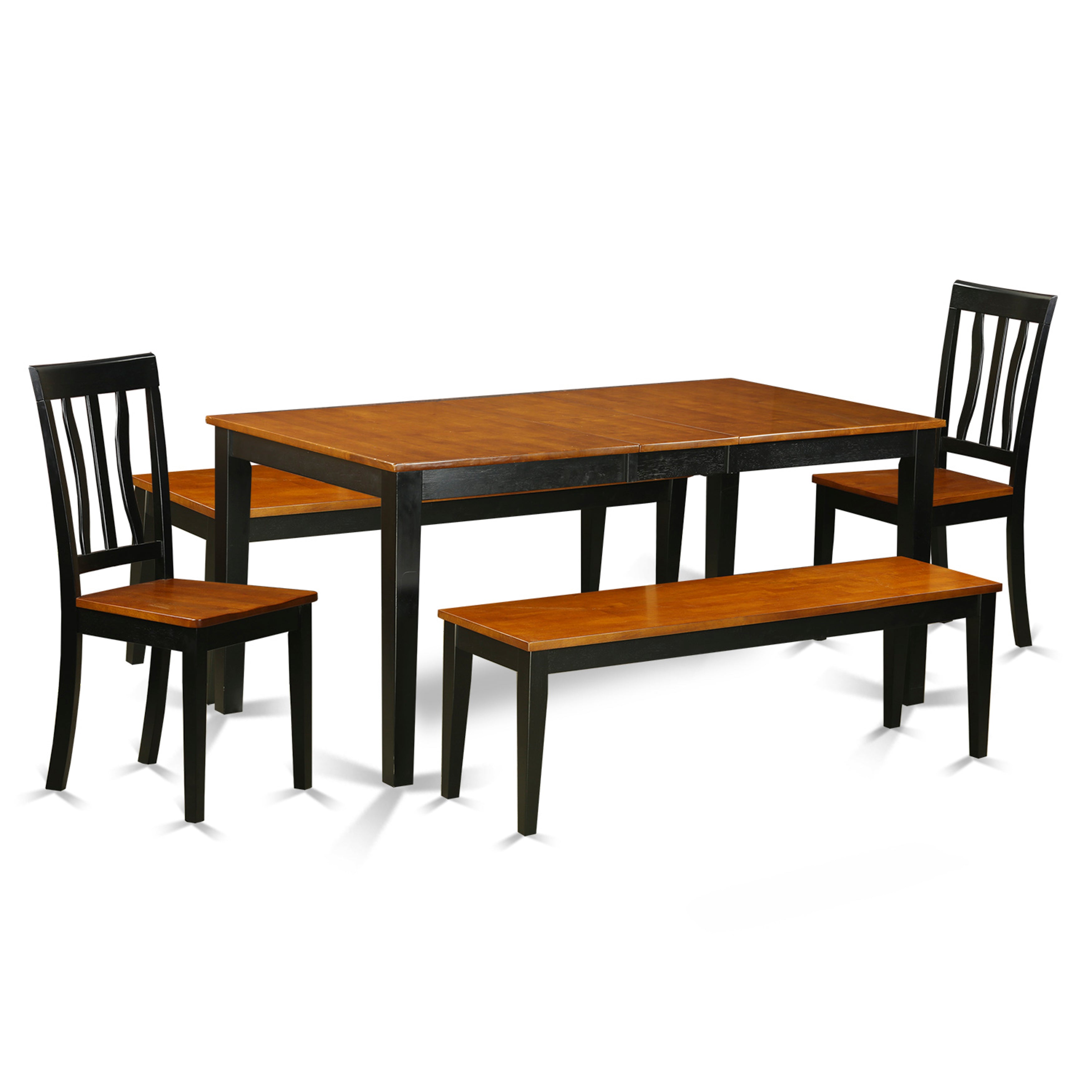 Juego de comedor de 5 piezas East West Furniture NIAN5N-BCH-W para 4 personas. Incluye una mesa de comedor rectangular con diseño de hojas de mariposa y 2 sillas de comedor con 2 bancos.