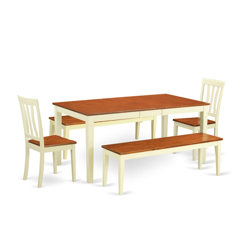 East West Furniture NIAN5N-WHI-W 5 Piece Dining Table Set for 4 Includes a Rectangle Kitchen Table with Butterfly Leaf and 2 Dining Chairs with 2 Benches