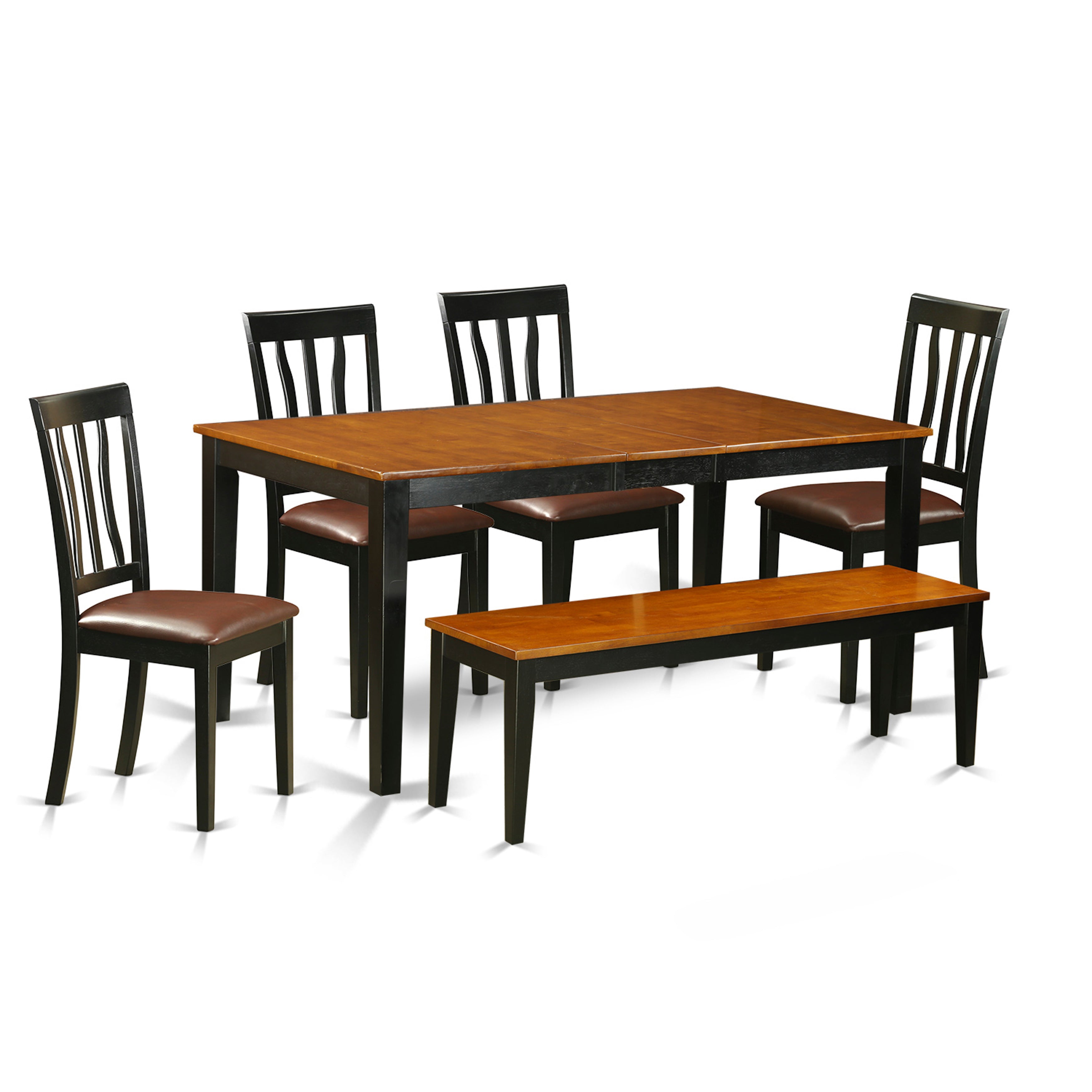 El juego de mesa de comedor de 6 piezas East West Furniture NIAN6-BCH-LC incluye una mesa de comedor rectangular con hojas de mariposa y 4 sillas tapizadas en piel sintética con un banco.