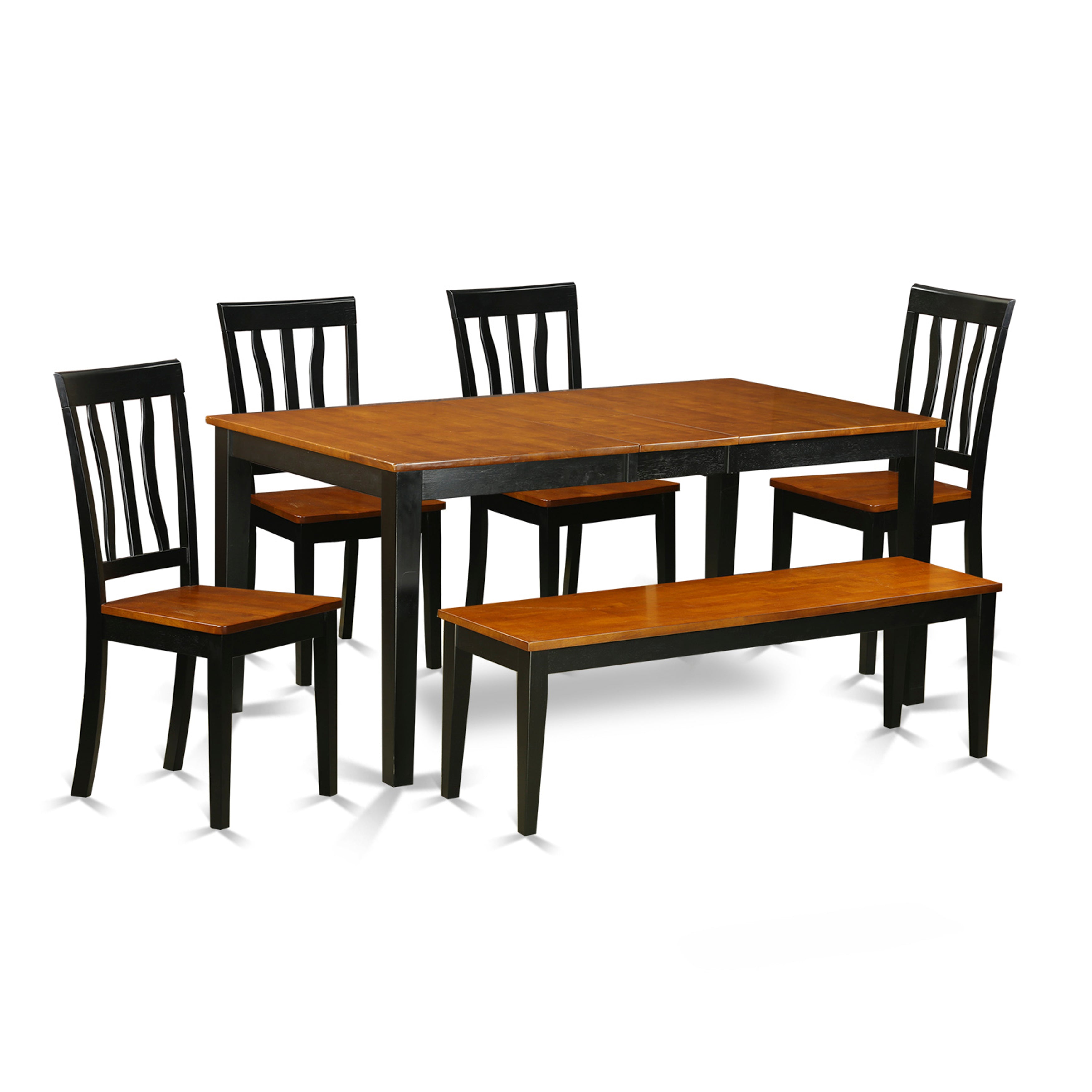 El juego de mesa de comedor de 6 piezas East West Furniture NIAN6-BCH-W contiene una mesa de comedor rectangular con hojas de mariposa y 4 sillas con asiento de madera con un banco.