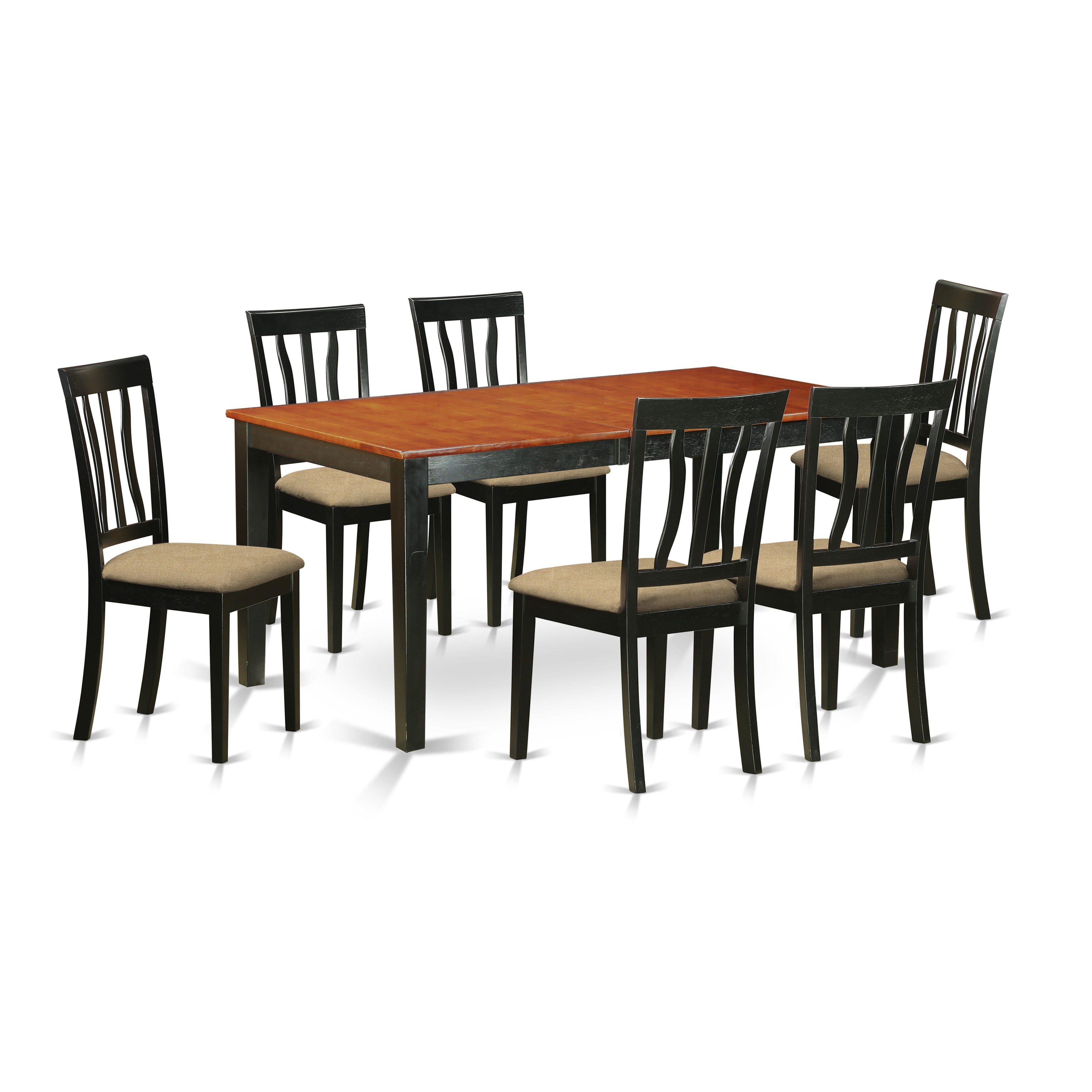 Juego de mesa de comedor moderna de 7 piezas East West Furniture NIAN7-BCH-C. Incluye una mesa rectangular de madera con diseño de hojas de mariposa y 6 sillas tapizadas en tela de lino.