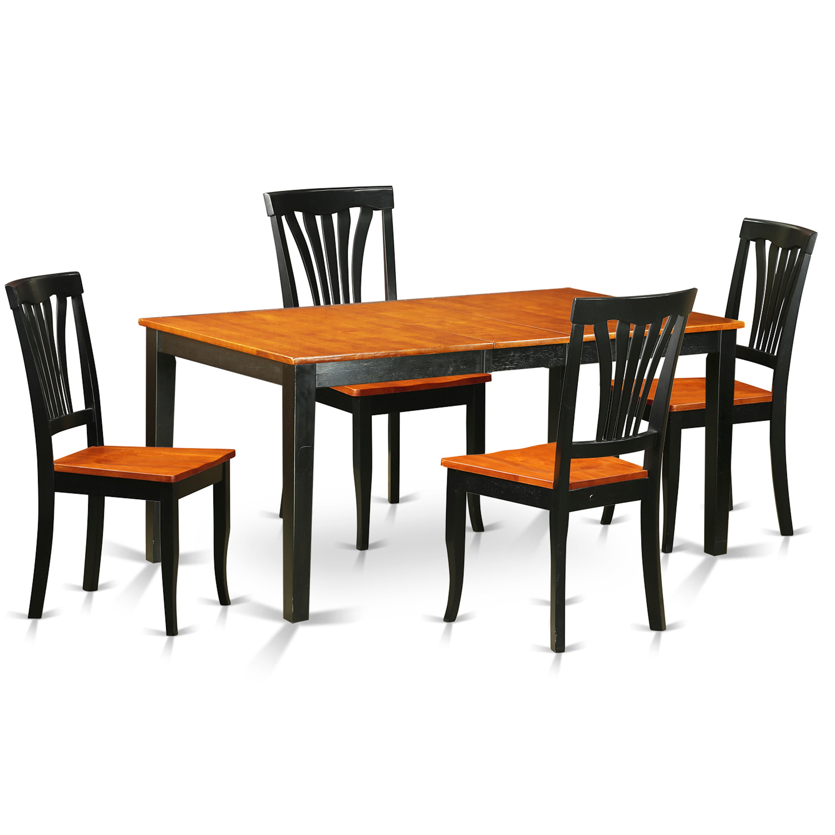 Juego de mesa de comedor moderna de 5 piezas East West Furniture NIAV5-BCH-W. Incluye una mesa rectangular de madera con diseño de hojas de mariposa y 4 sillas de comedor.