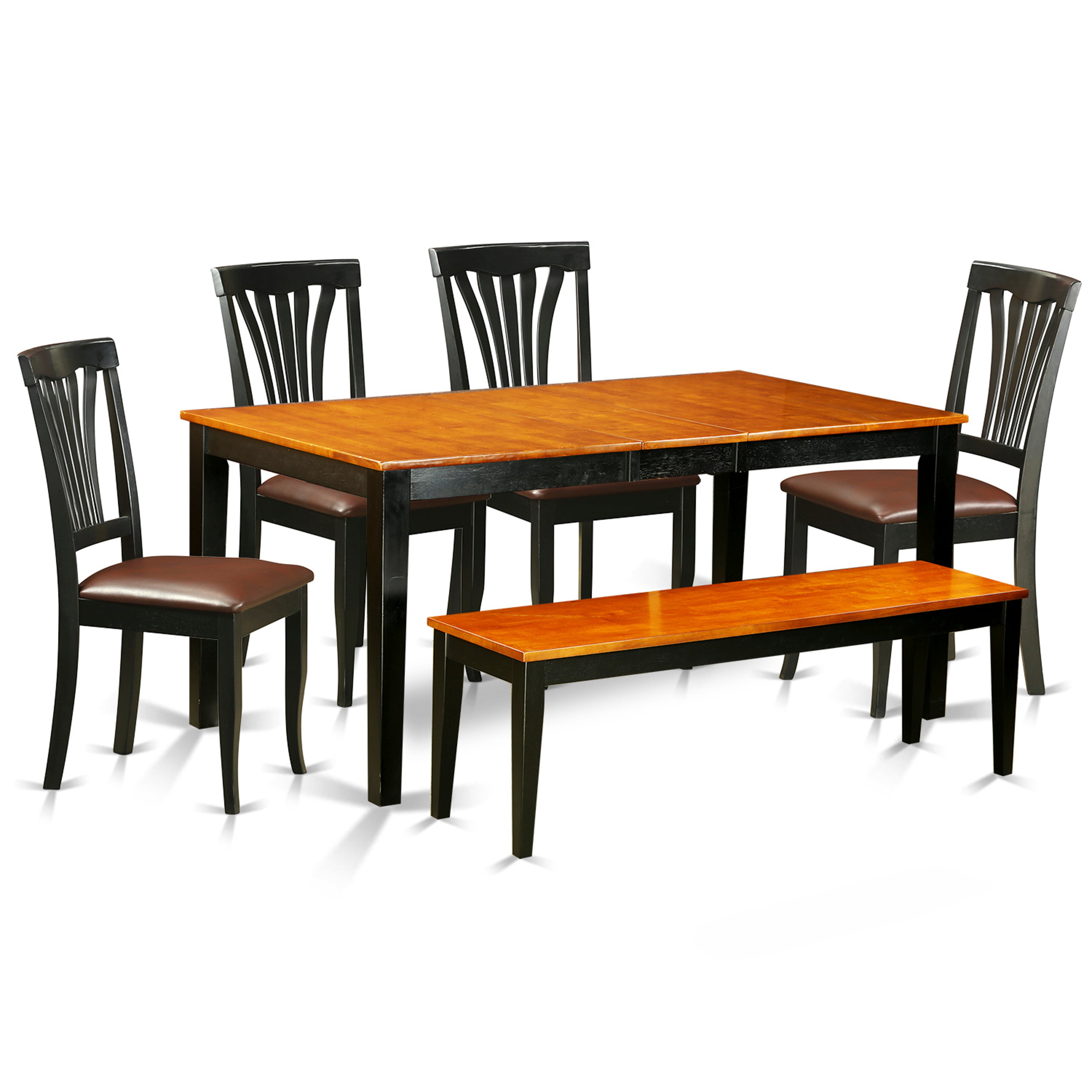 El juego de mesa de comedor de 6 piezas East West Furniture NIAV6-BCH-LC contiene una mesa de comedor rectangular con hojas de mariposa y 4 sillas tapizadas de cuero sintético con un banco.
