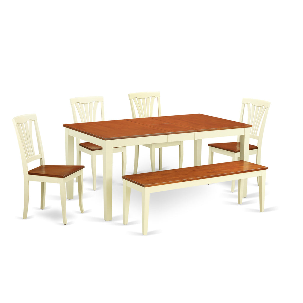 Juego de mesa de comedor de 6 piezas East West Furniture NIAV6-WHI-W. Contiene una mesa de comedor rectangular con hojas de mariposa y 4 sillas con asiento de madera con un banco.