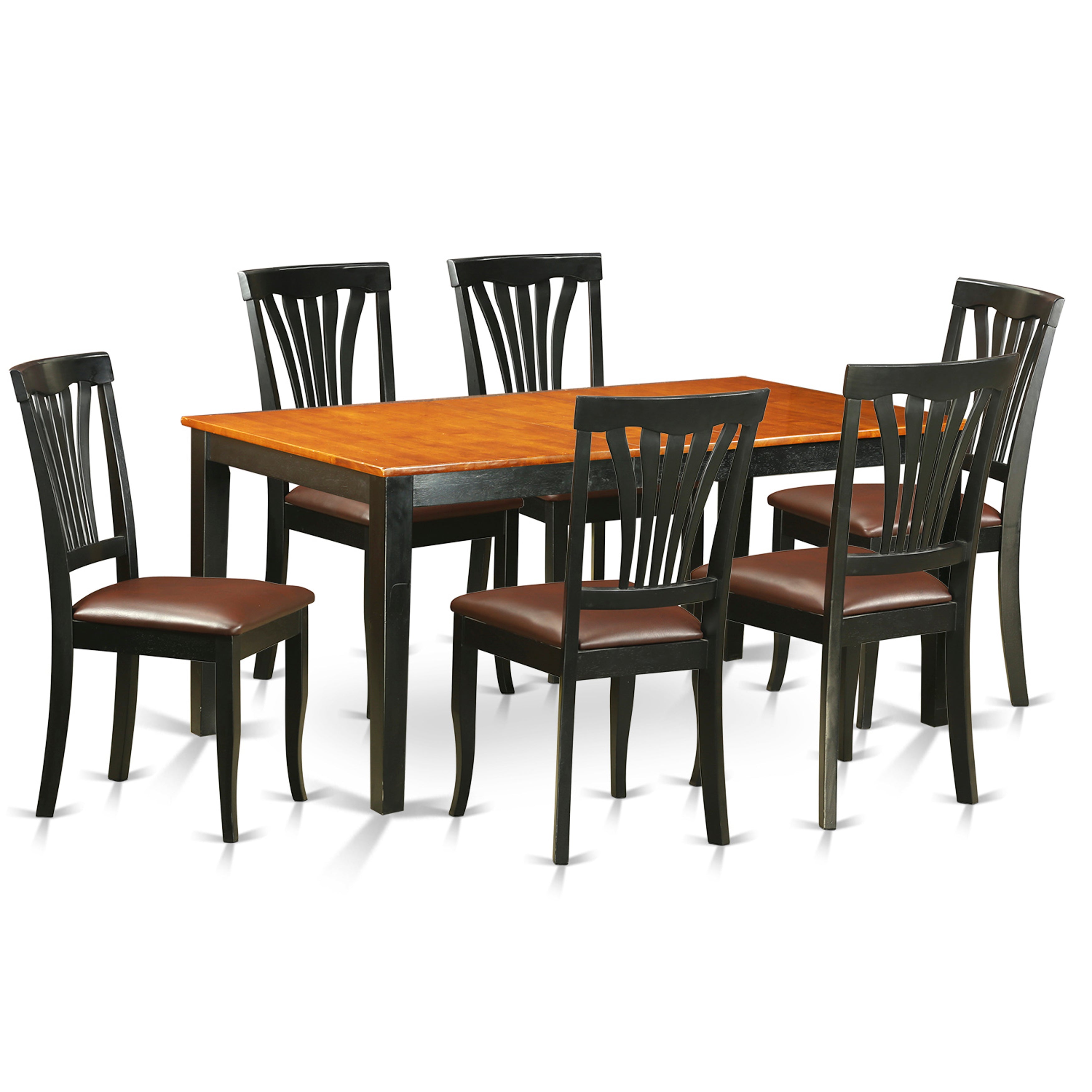 Juego de mesa de comedor moderna de 7 piezas East West Furniture NIAV7-BCH-LC. Incluye una mesa rectangular de madera con diseño de hojas de mariposa y 6 sillas de comedor de piel sintética.