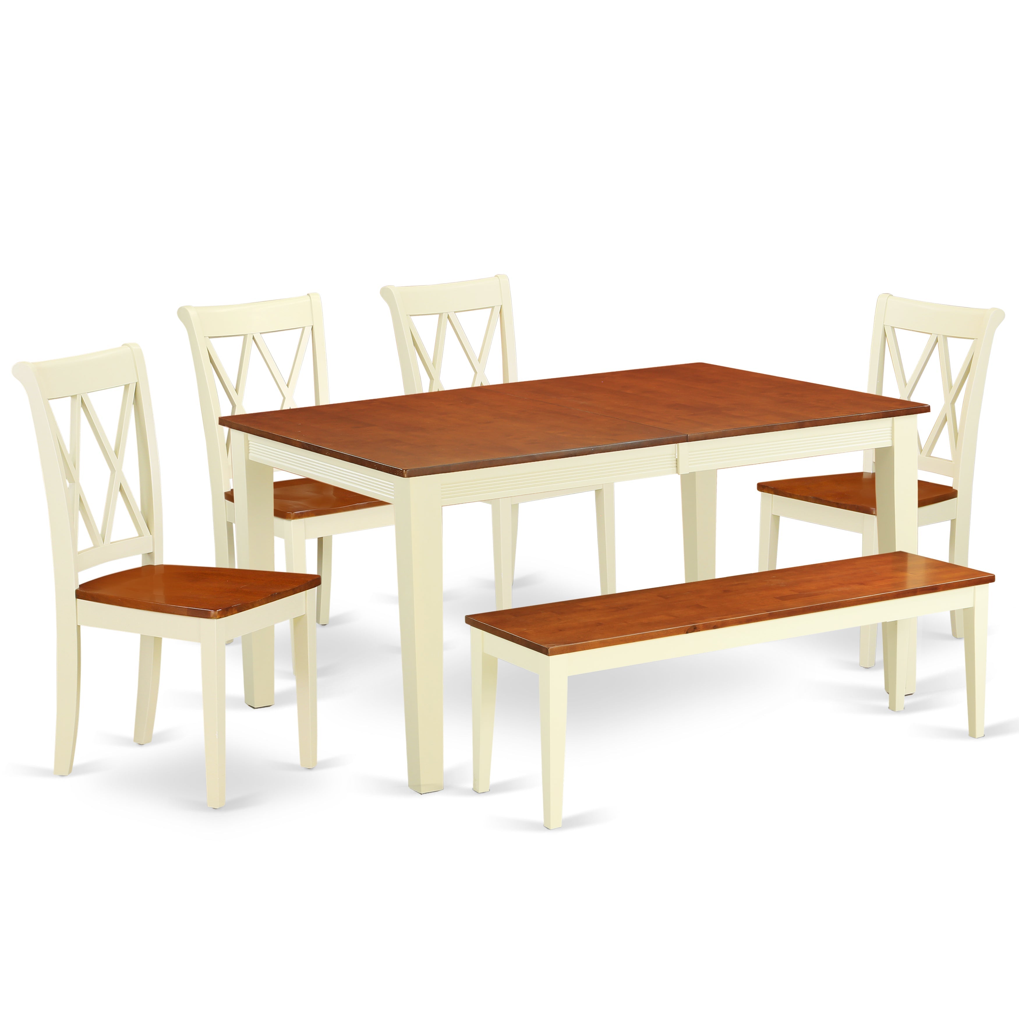 Juego de mesa de comedor de 6 piezas East West Furniture NICL6-BMK-W. Contiene una mesa de cocina rectangular con hojas de mariposa y 4 sillas de comedor con un banco.