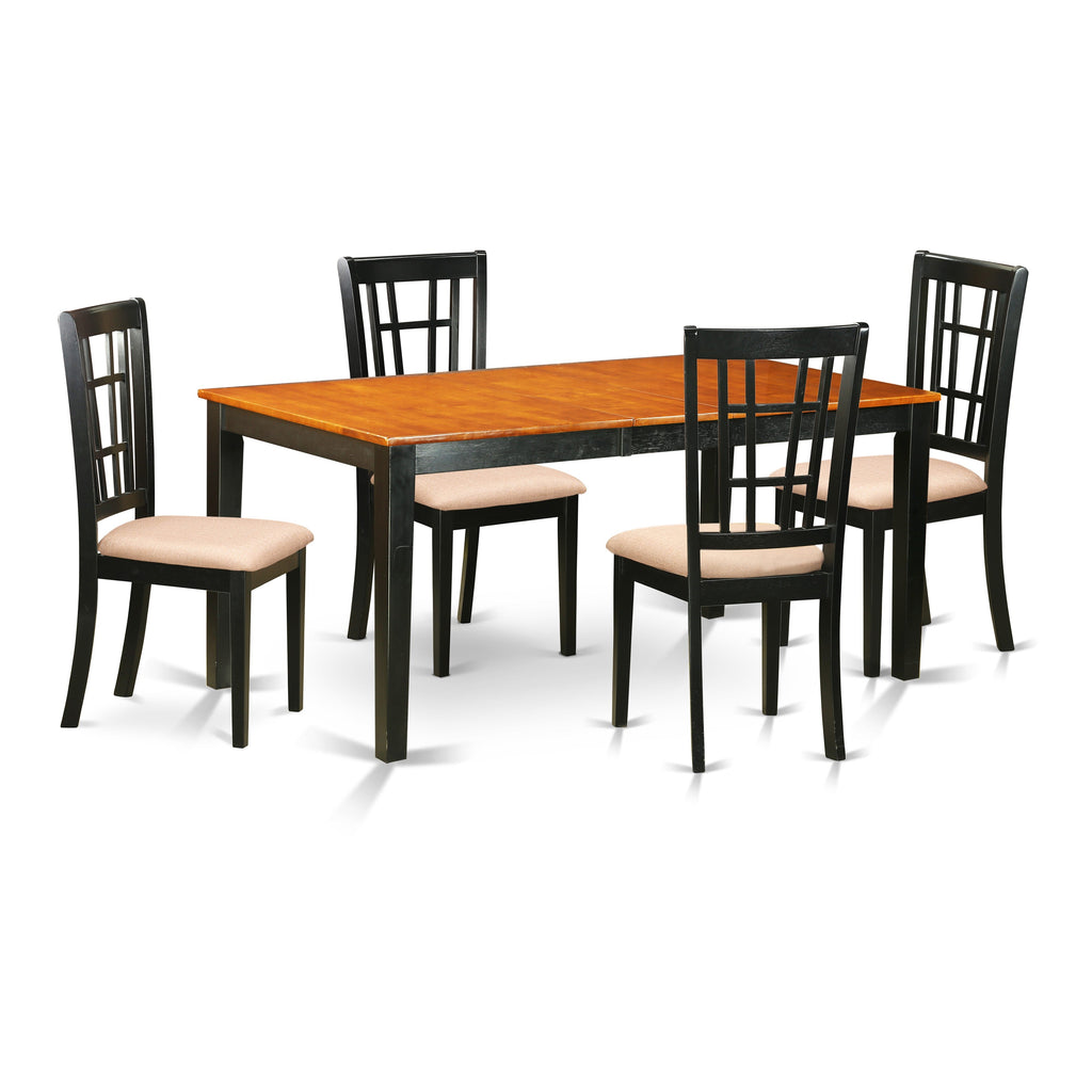 Juego de mesa de cocina de 5 piezas East West Furniture NICO5-BLK-C para 4 personas. Incluye una mesa de comedor rectangular con diseño de hojas de mariposa y 4 sillas de comedor de tela de lino.