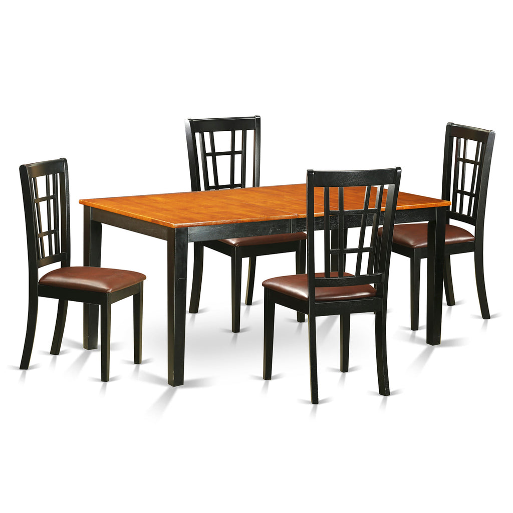 Juego de comedor de 5 piezas East West Furniture NICO5-BLK-LC para 4 personas. Incluye una mesa de comedor rectangular con diseño de hojas de mariposa y 4 sillas de comedor de piel sintética.
