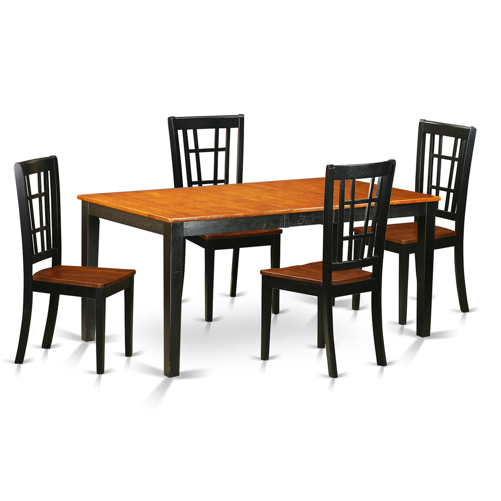 Juego de mesa de comedor de 5 piezas East West Furniture NICO5-BLK-W para 4 personas. Incluye una mesa de cocina rectangular con diseño de hojas de mariposa y 4 sillas de comedor.