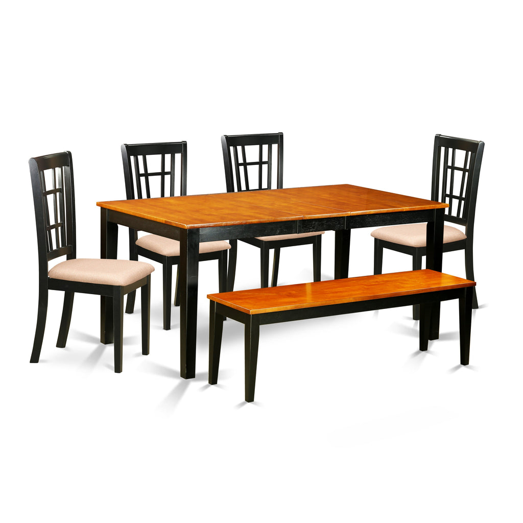 East West Furniture NICO6-BLK-C 6 Piece Kitchen Table Set Contains a Rectangle Dining Table with Butterfly Leaf and 4 Linen Fabric Dining Chairs with a Bench