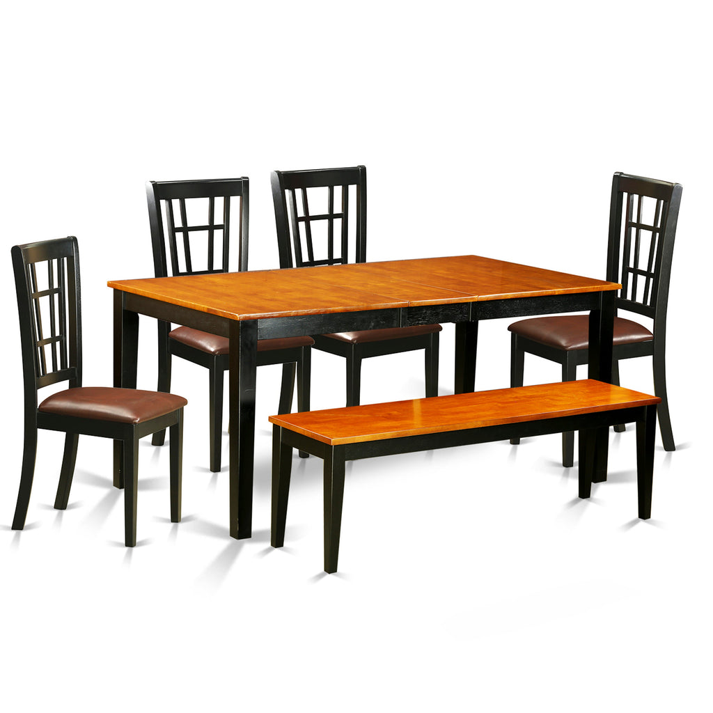 East West Furniture NICO6-BLK-LC 6 Piece Dinette Set Contains a Rectangle Dining Room Table with Butterfly Leaf and 4 Faux Leather Dining Chairs with a Bench