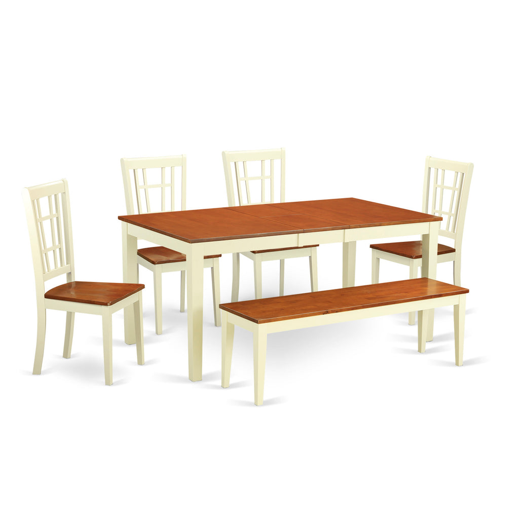 East West Furniture NICO6-WHI-W 6 Piece Dining Table Set Contains a Rectangle Dining Room Table with Butterfly Leaf and 4 Wooden Seat Chairs with a Bench