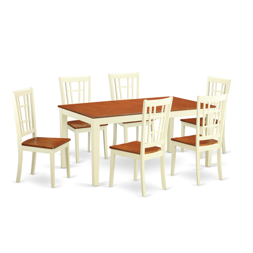 East West Furniture NICO7-WHI-W 7 Piece Dining Room Furniture Set Consist of a Rectangle Kitchen Table with Butterfly Leaf and 6 Dining Chairs