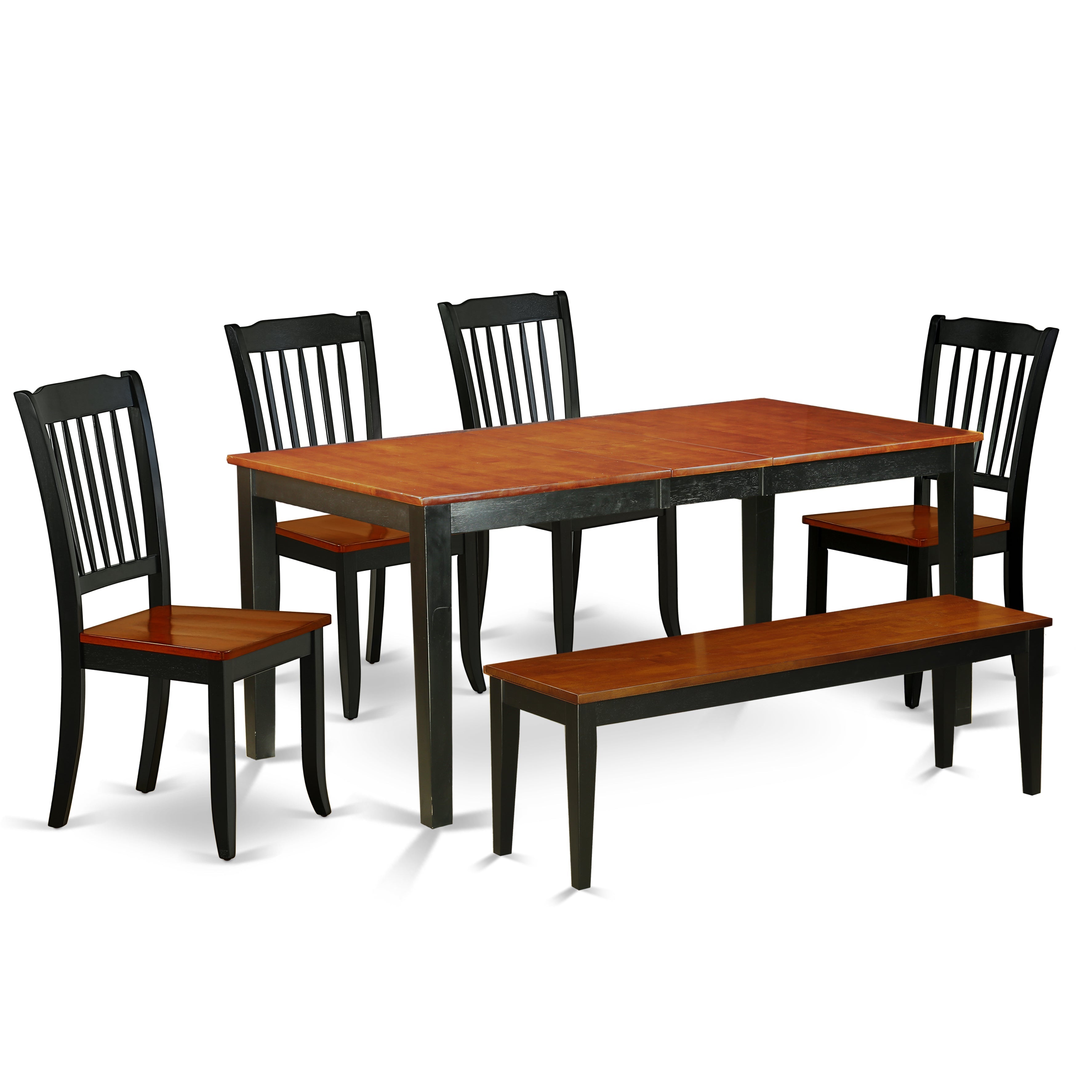 El juego de mesa de cocina de 6 piezas East West Furniture NIDA6-BCH-W contiene una mesa de comedor rectangular con hojas de mariposa y 4 sillas de comedor con un banco.
