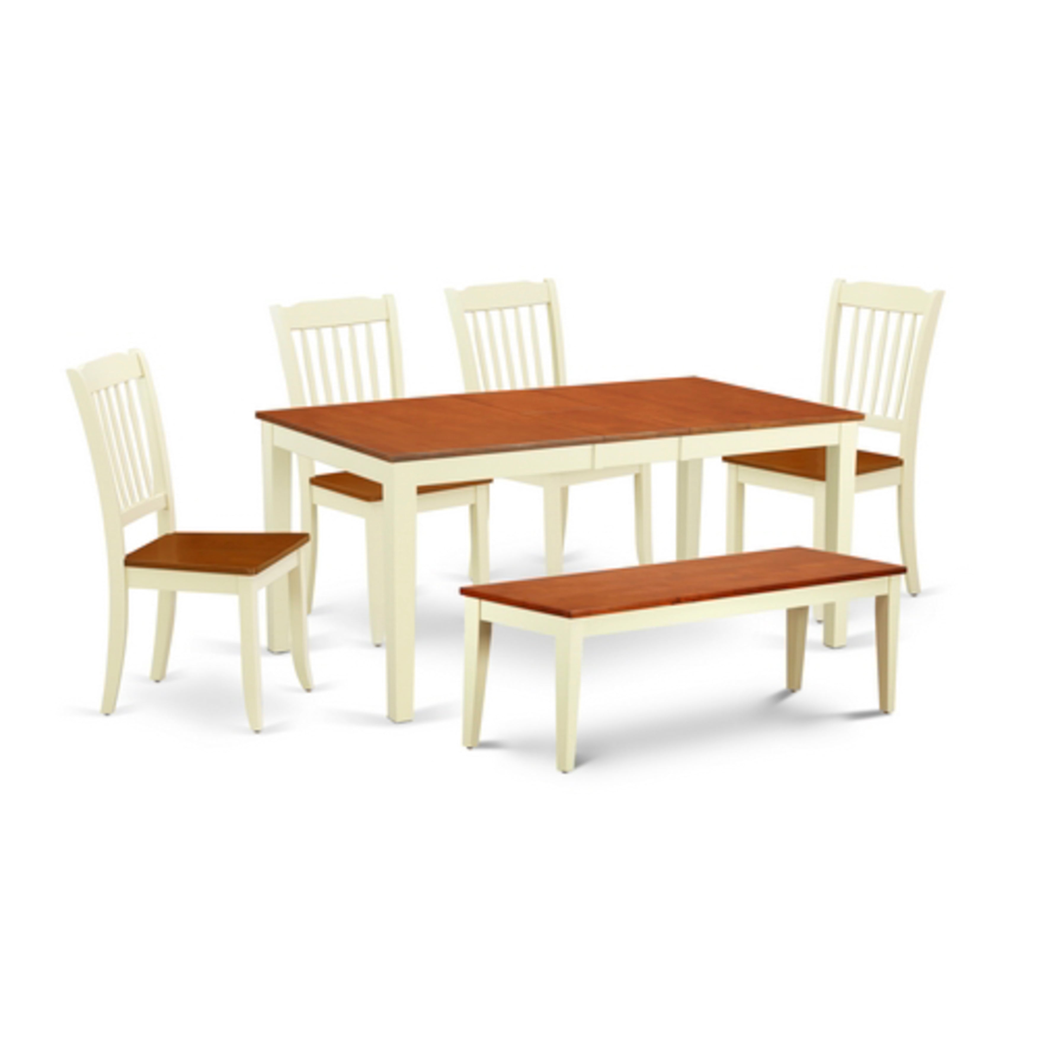 NIDA6N-BMK-W 6Pc Rectangle 54/66" Table With 12 In Self Storing Butterfly Leaf And 4 Wood Seat Chairs Plus 1 Bench