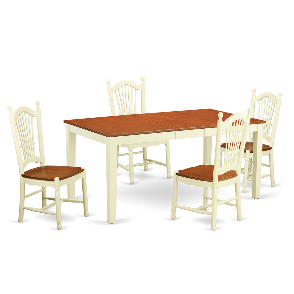 Juego de comedor de 5 piezas East West Furniture NIDO5-WHI-W para 4 personas. Incluye una mesa de comedor rectangular con diseño de hojas de mariposa y 4 sillas de comedor.