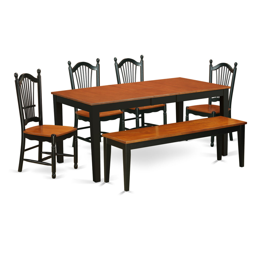 Juego de comedor de 6 piezas NIDO6-BCH-W de East West Furniture. Contiene una mesa de comedor rectangular con hojas de mariposa y 4 sillas de cocina con un banco.