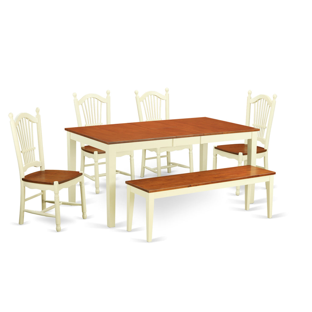 Juego de mesa de comedor moderna de 6 piezas NIDO6-WHI-W de East West Furniture. Contiene una mesa rectangular de madera con hojas de mariposa y 4 sillas de comedor con un banco.