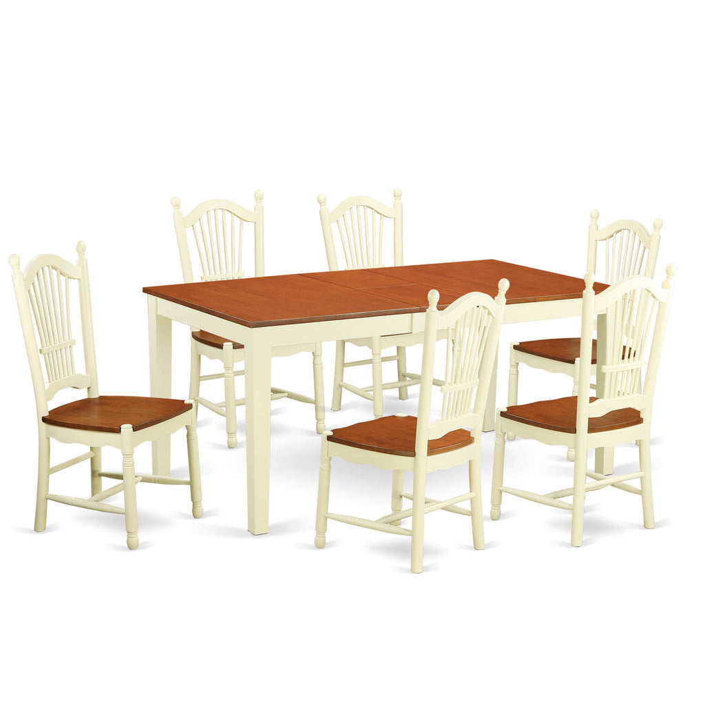 Juego de mesa de comedor East West Furniture NIDO7-WHI-W de 7 piezas compuesto por una mesa de comedor rectangular con hojas de mariposa y 6 sillas con asiento de madera.