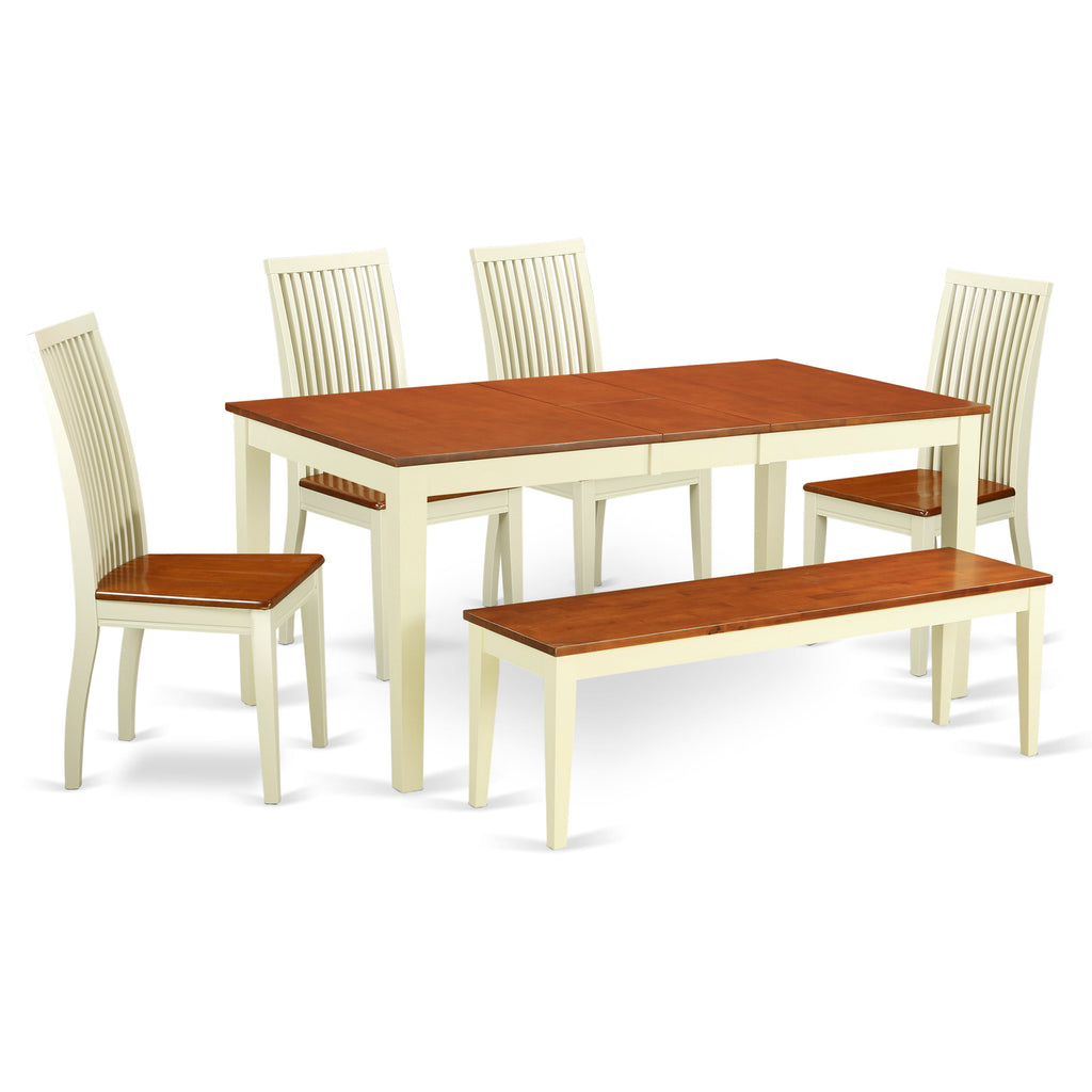 Juego de mesa de comedor de 6 piezas East West Furniture NIIP6-BMK-W. Contiene una mesa de comedor rectangular con hojas de mariposa y 4 sillas con asiento de madera con un banco.
