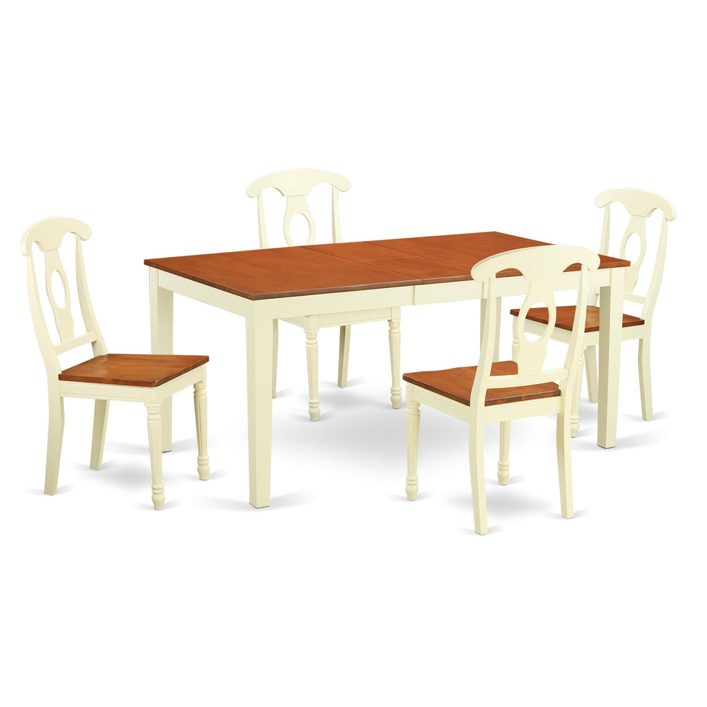 Juego de comedor de 5 piezas East West Furniture NIKE5-WHI-W para 4 personas. Incluye una mesa de comedor rectangular con diseño de hojas de mariposa y 4 sillas de comedor.